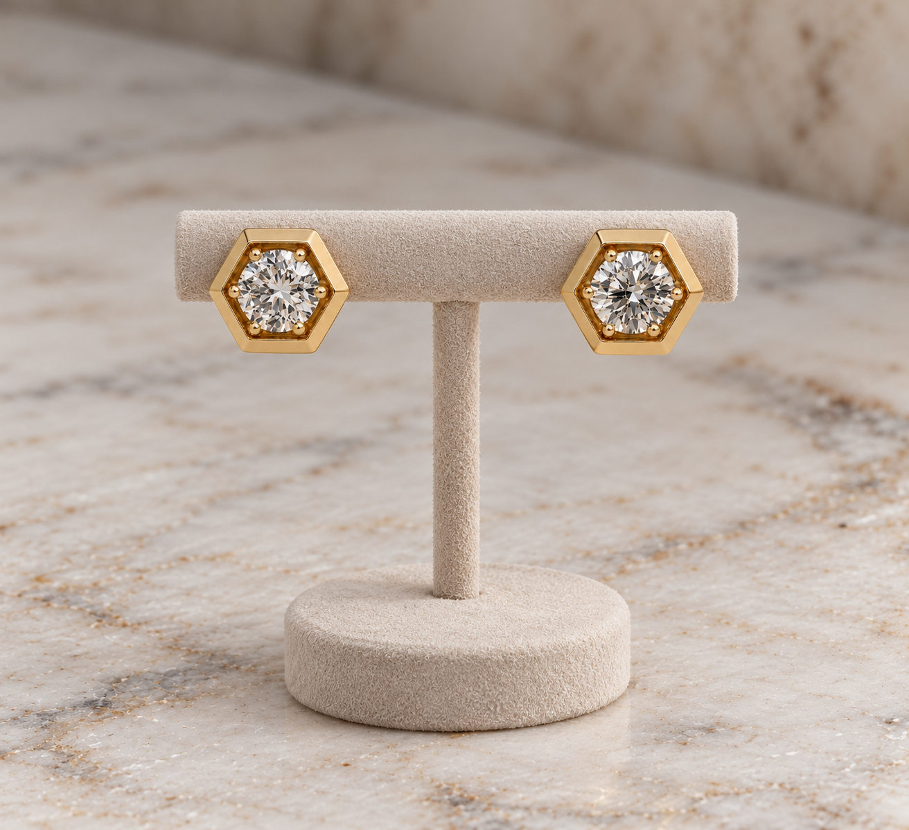 Lab Diamond Stud Earrings Hexagon Bezel 14K Yellow Gold Round Cut Gift for Her