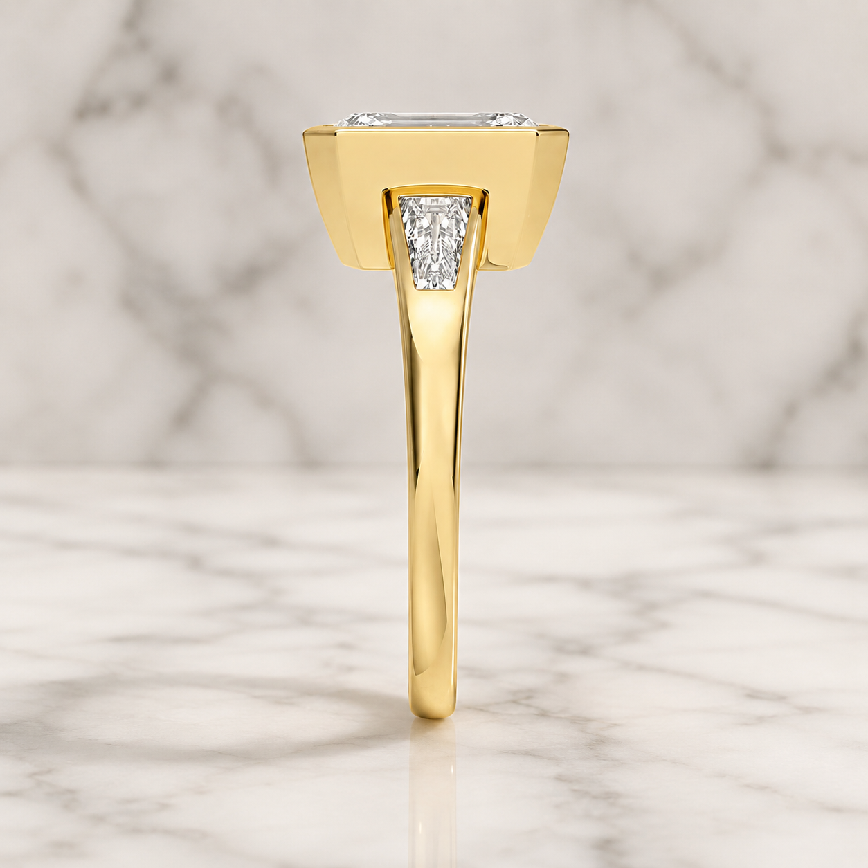 Emerald Cut Lab Grown Diamond Engagement Ring Three Stone Bezel 14K Yellow Gold Tapered Baguette Setting
