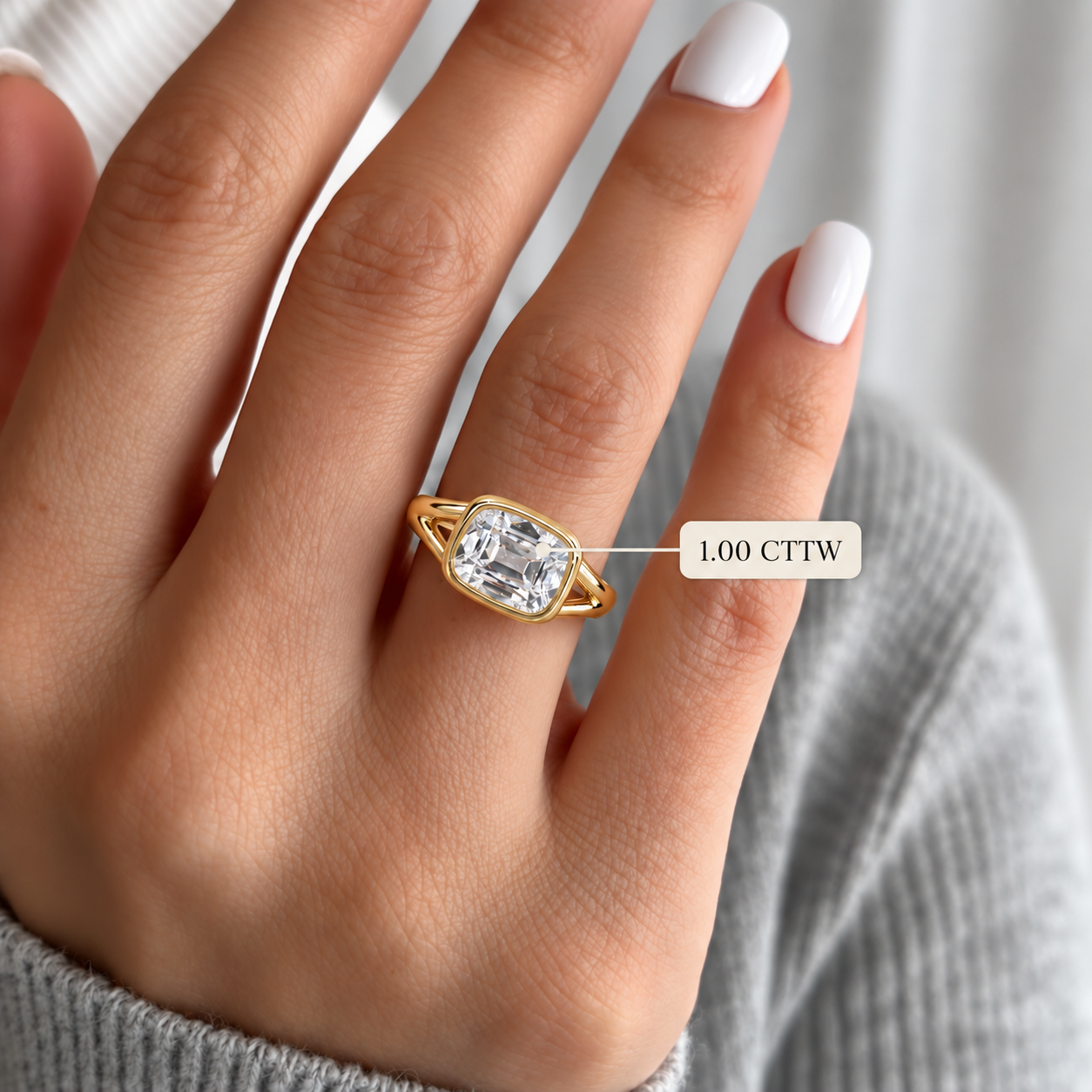 Old Mine Cut Lab Grown Diamond Ring, East-West Bezel, 14K Yellow Gold Split Shank