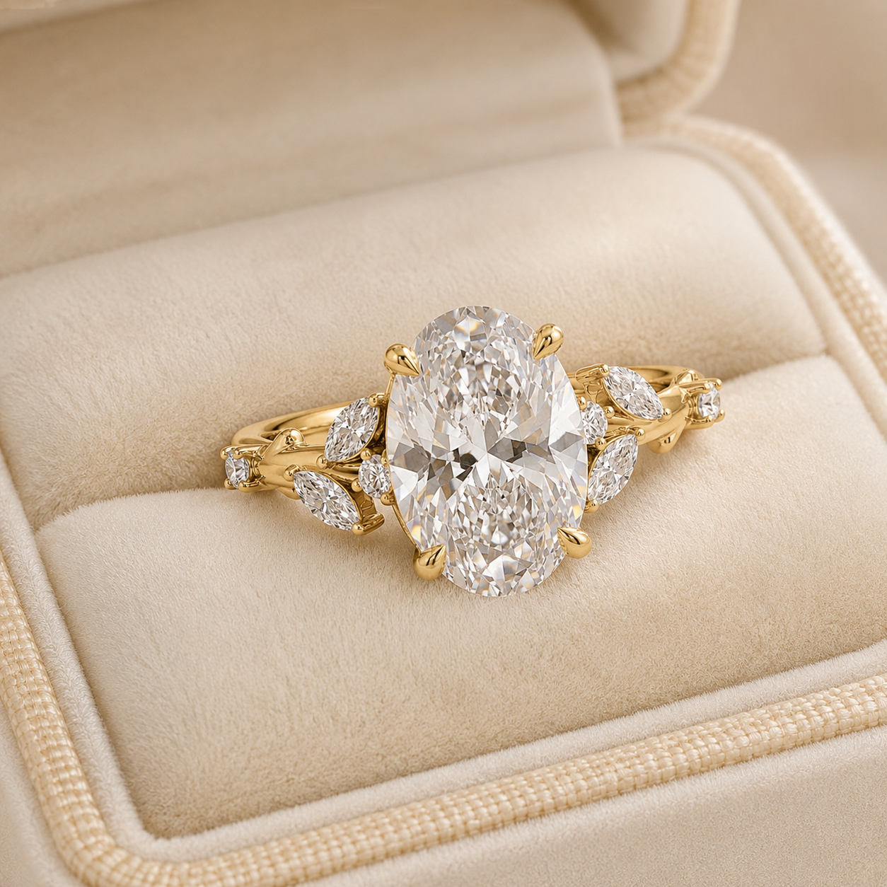 Lab-Grown Oval Diamond Engagement Ring, 14K Yellow Gold Leaf Vine Band