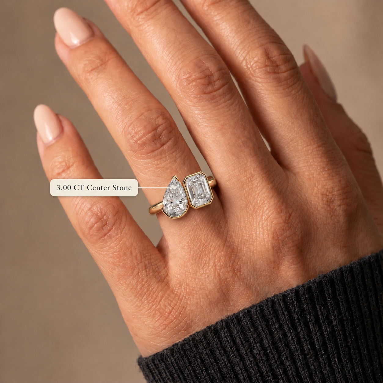 Pear & Emerald Cut Lab Grown Diamond Engagement Ring Toi et Moi 14K Yellow Gold Bezel Cathedral Setting