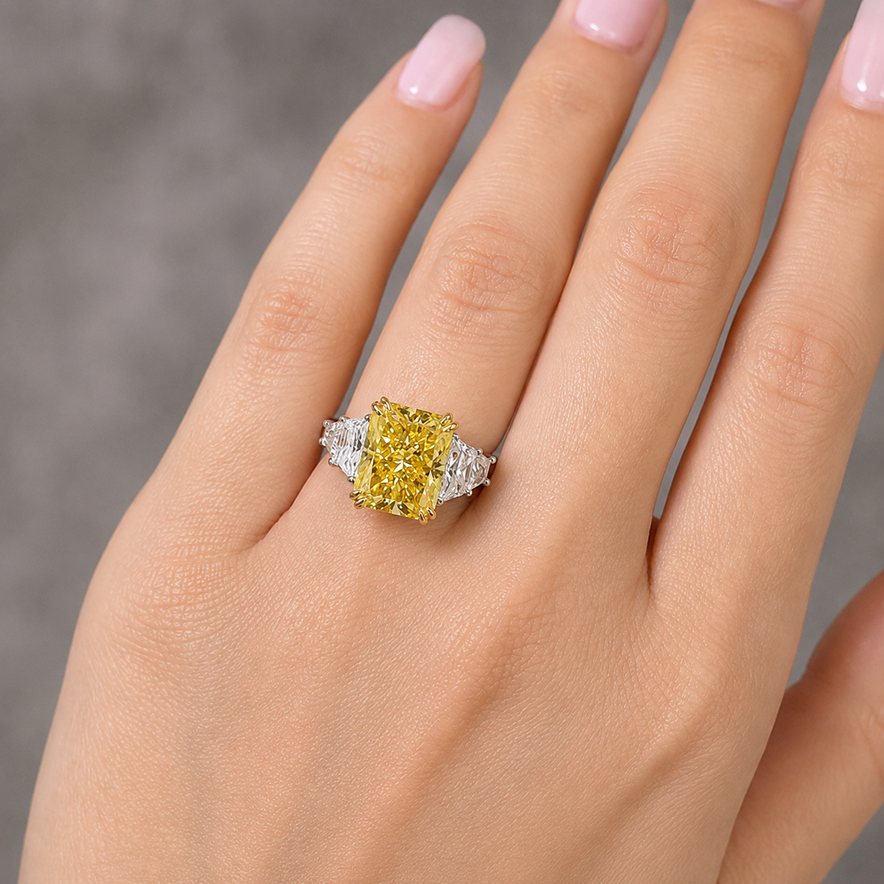 Canary Yellow Radiant Engagement Ring  Five Stone 14K Yellow Gold –VVS2 Trapezoid Baguette Sides