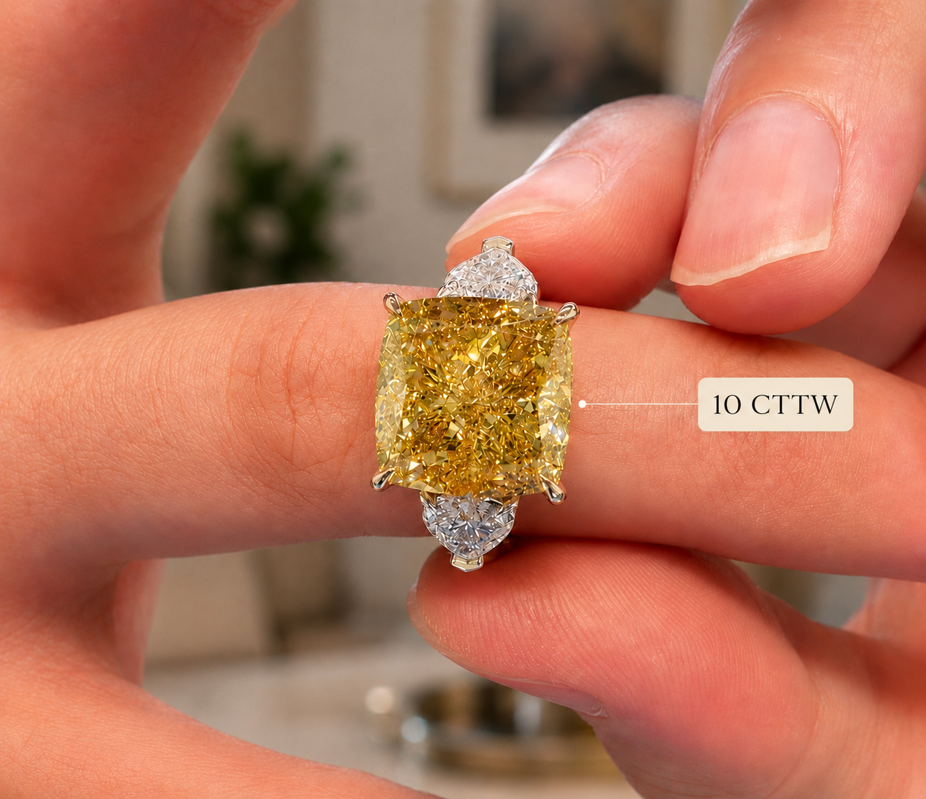Fancy Yellow Lab Grown Diamond Engagement Ring Cushion Cut Three Stone Platinum IGI Certified