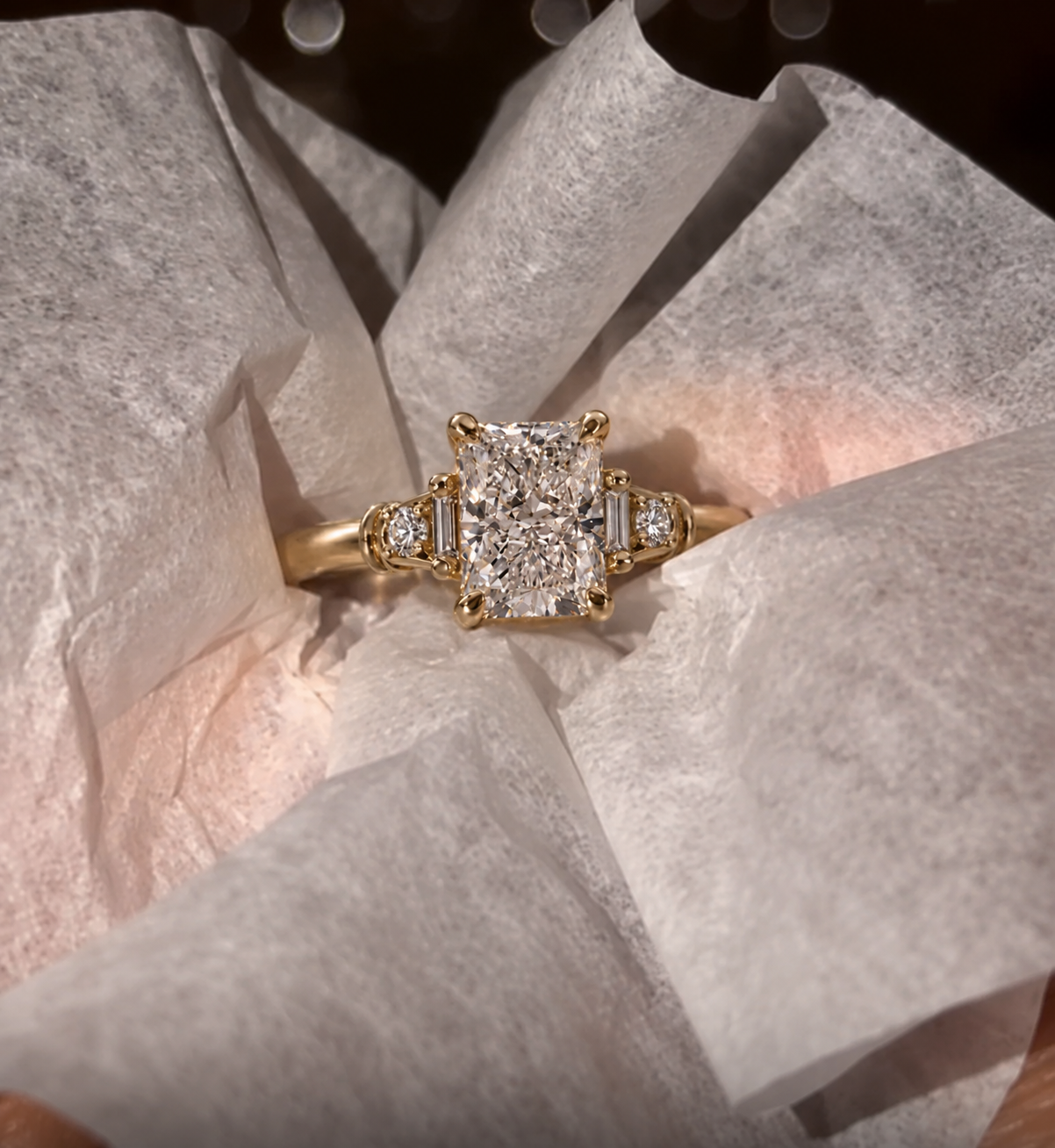 Radiant Lab Grown Diamond Engagement Ring Five Stone Art Deco 18K Yellow Gold IGI Certified