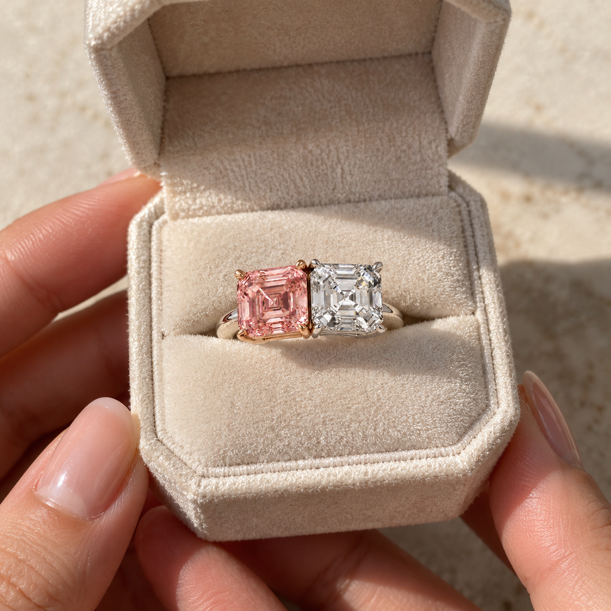 Asscher Cut Lab Grown Diamond Engagement Ring Pink & White Two Stone 14K Two-Tone Gold IGI Certified Toi et Moi