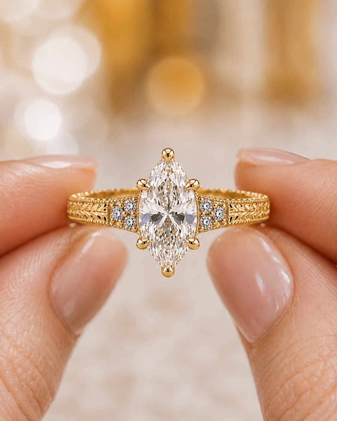 Marquise Lab Grown Diamond Engagement Ring  Vintage Hand-Engraved 14K Yellow Gold  IGI Certified 1ct E-VVS2