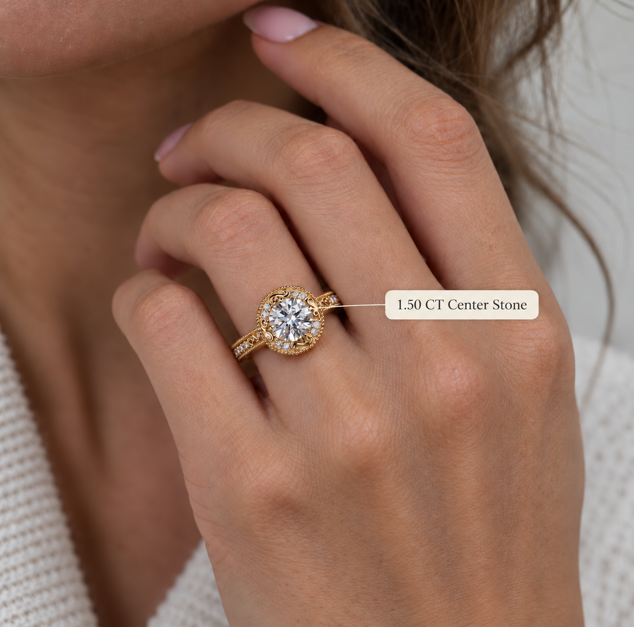 Round Lab Grown Diamond Engagement Ring Vintage Halo 14K Yellow Gold IGI Certified E VVS2