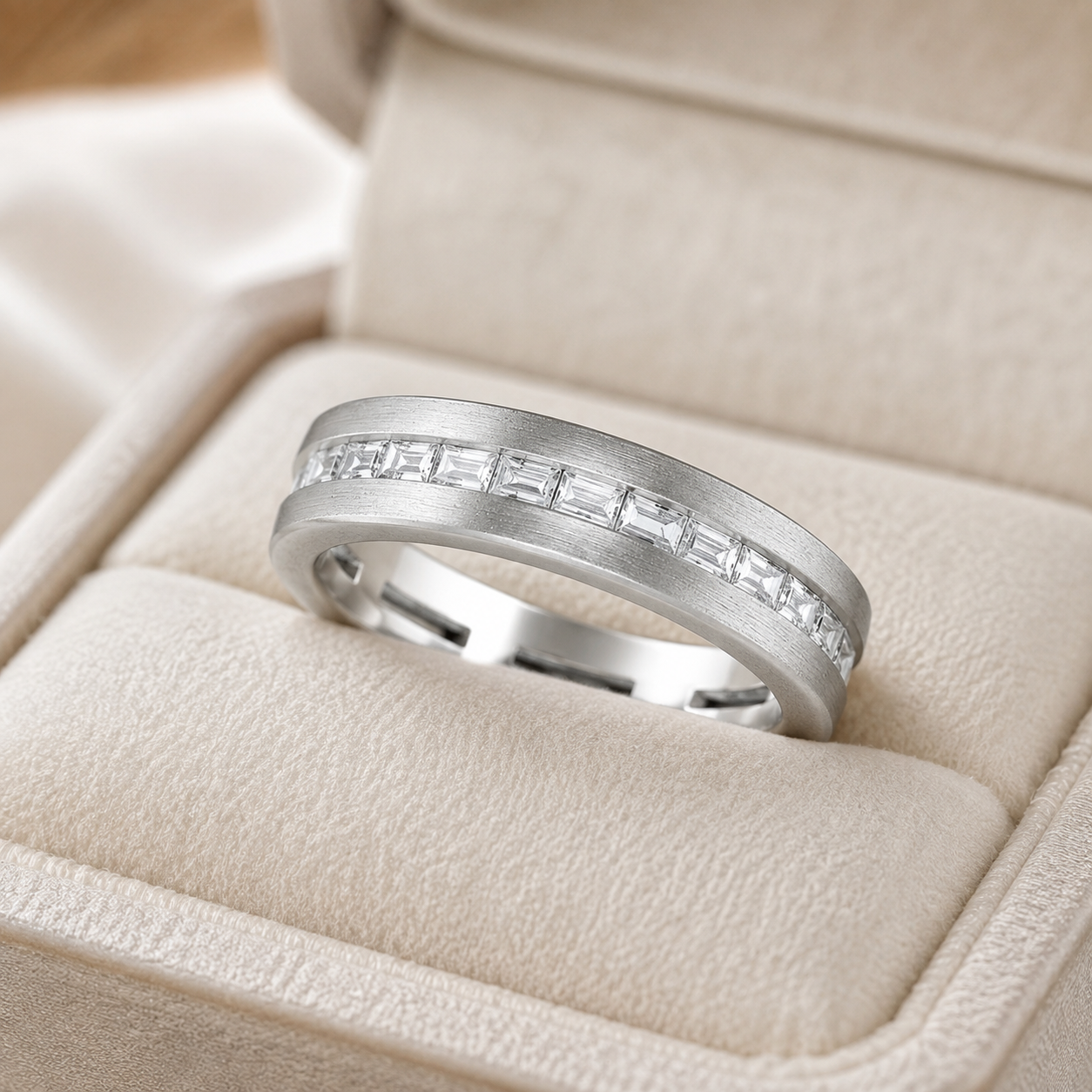 Baguette Lab Grown Diamond Wedding Band – Channel Set 14K White Gold – Brushed Finish Anniversary Ring