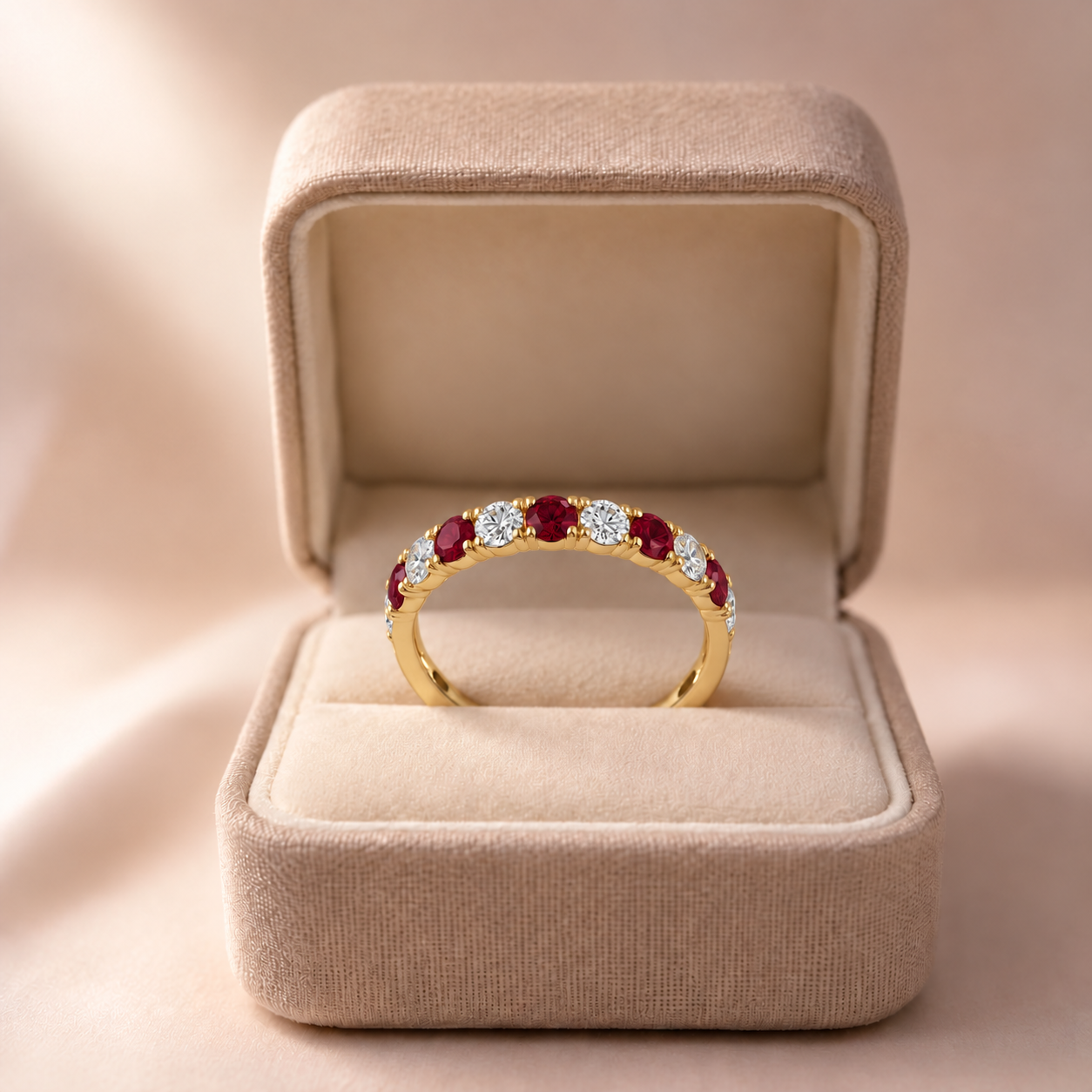 Ruby and Diamond Wedding Band Alternating Lab Grown Stones 14K Gold Stackable Anniversary Ring