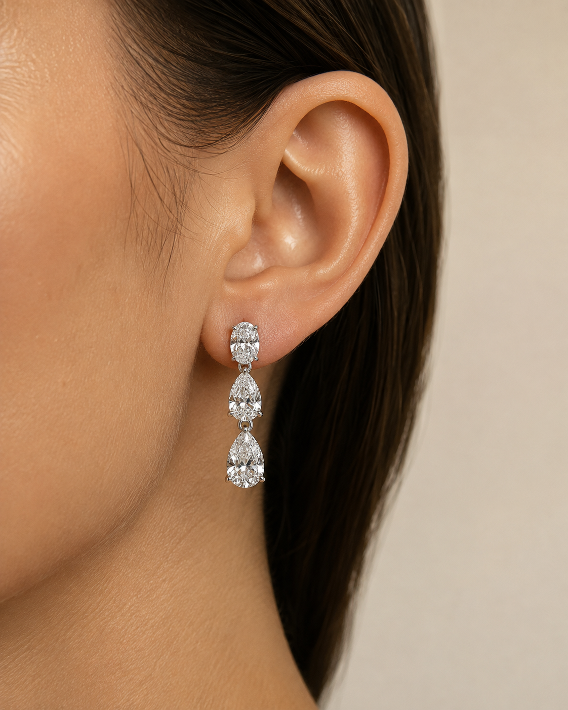 Pear Oval Lab Grown Diamond Drop Earrings Three Stone 18K White Gold 4.4 Carat Total