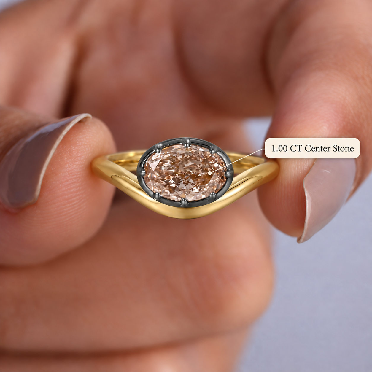 Pink Oval Lab Grown Diamond Engagement Ring East-West Bezel-Prong 14K Yellow Gold IGI Certified