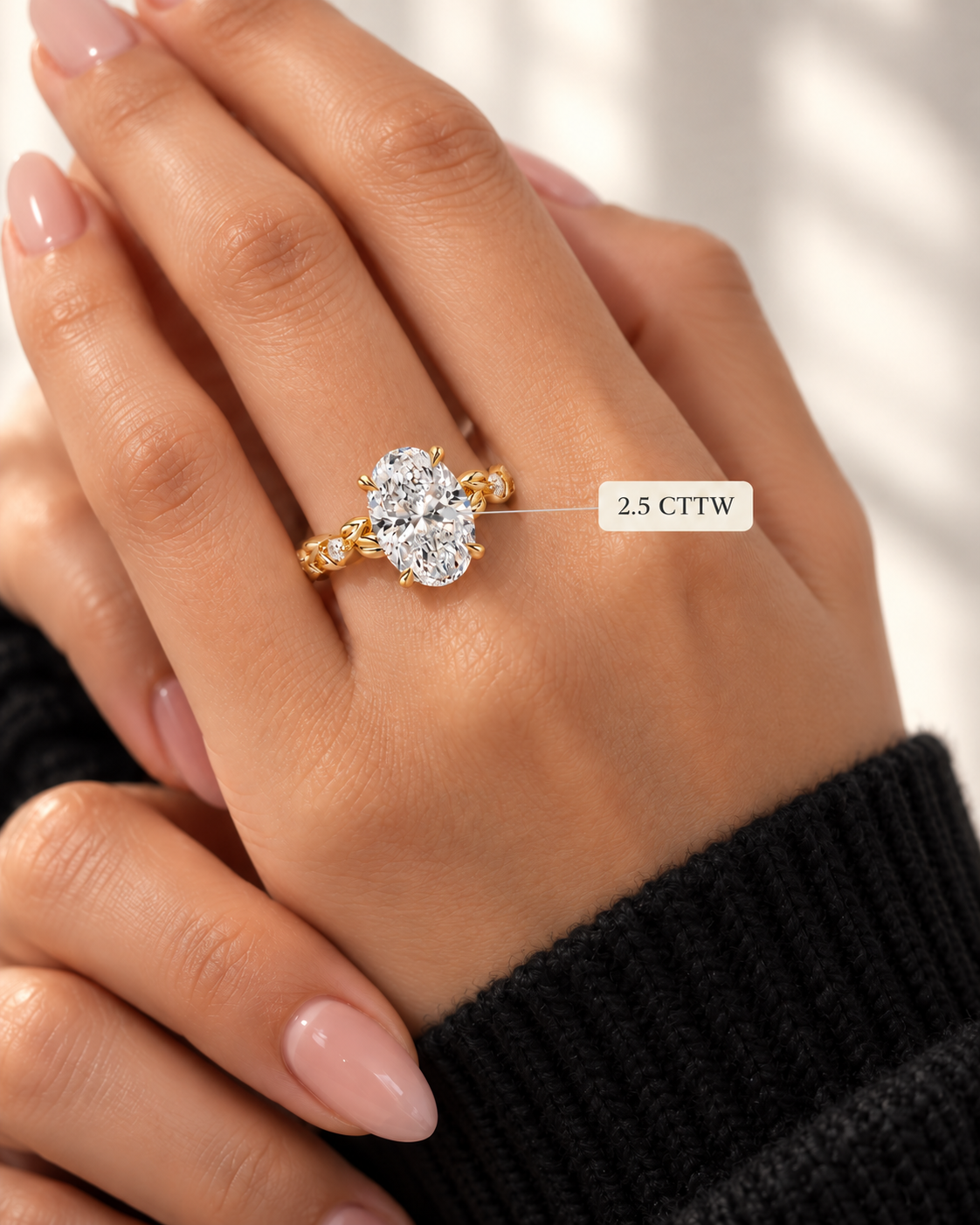 Oval Lab Grown Diamond Engagement Ring Nature Inspired 14K Yellow Gold Four Prong Accented Band