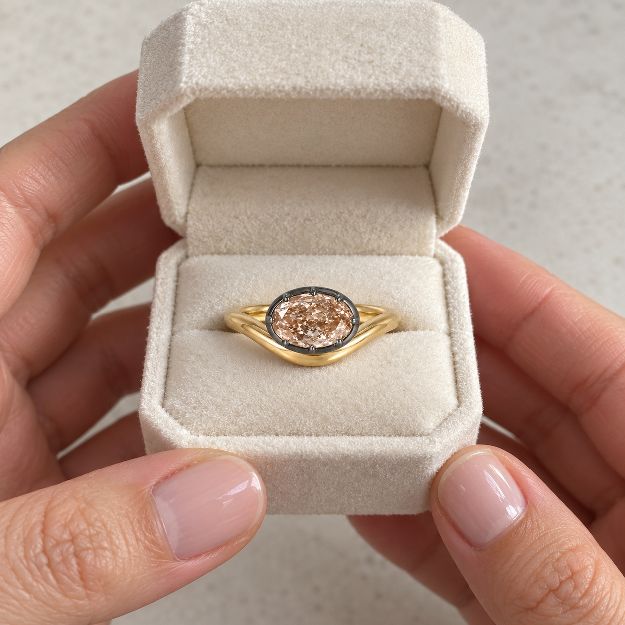 Pink Oval Lab Grown Diamond Engagement Ring East-West Bezel-Prong 14K Yellow Gold IGI Certified