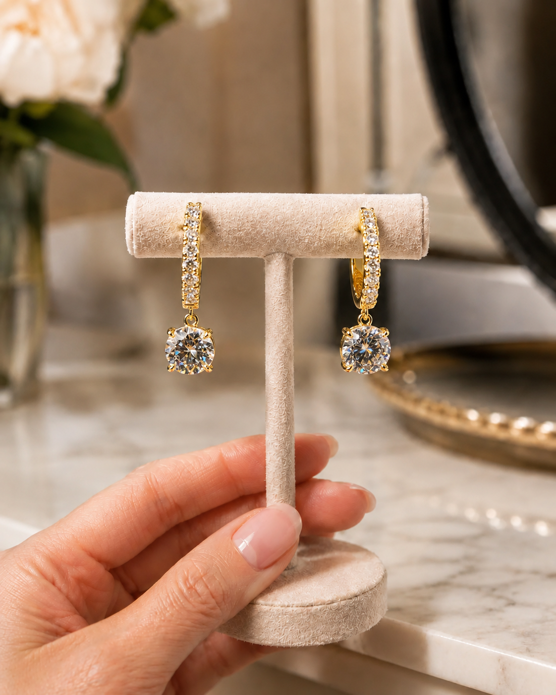 Round Lab Grown Diamond Drop Hoop Earrings Pavé Dangle 14K Yellow Gold 2ct E Color VVS2