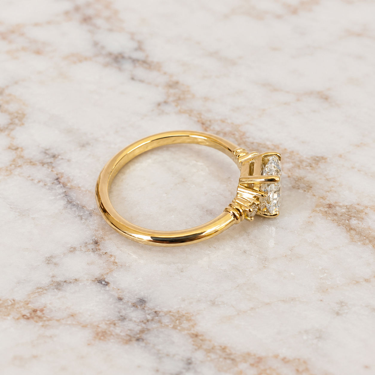 Radiant Lab Grown Diamond Engagement Ring Five Stone Art Deco 18K Yellow Gold IGI Certified