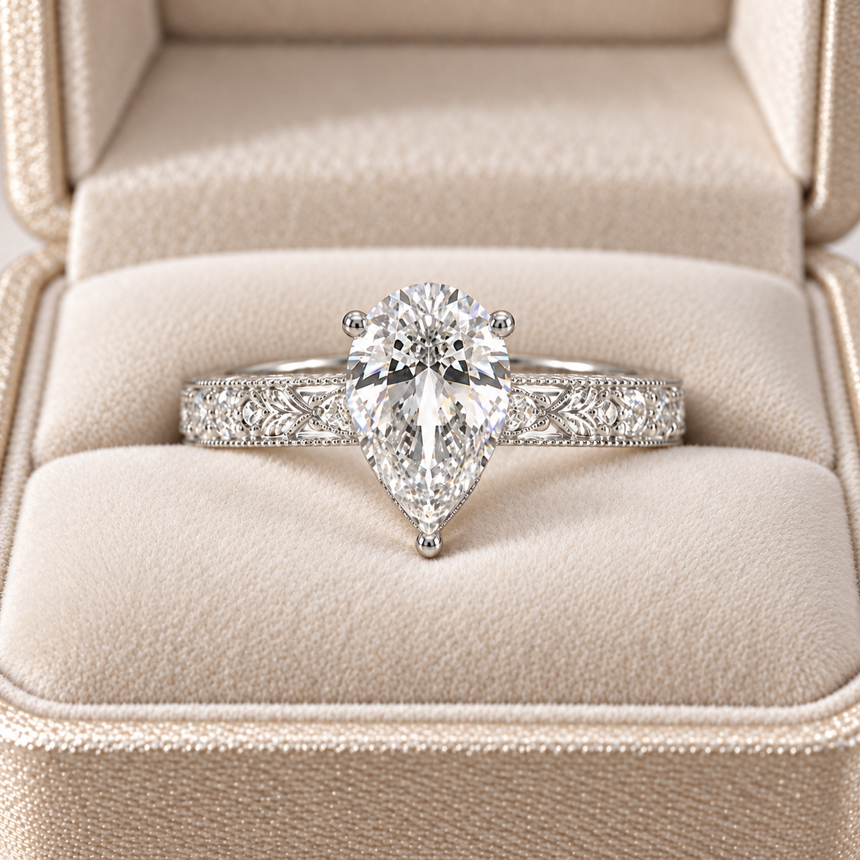Vintage Lab Grown Diamond Engagement Ring Engraved 14K White Gold E VVS2, IGI Certified