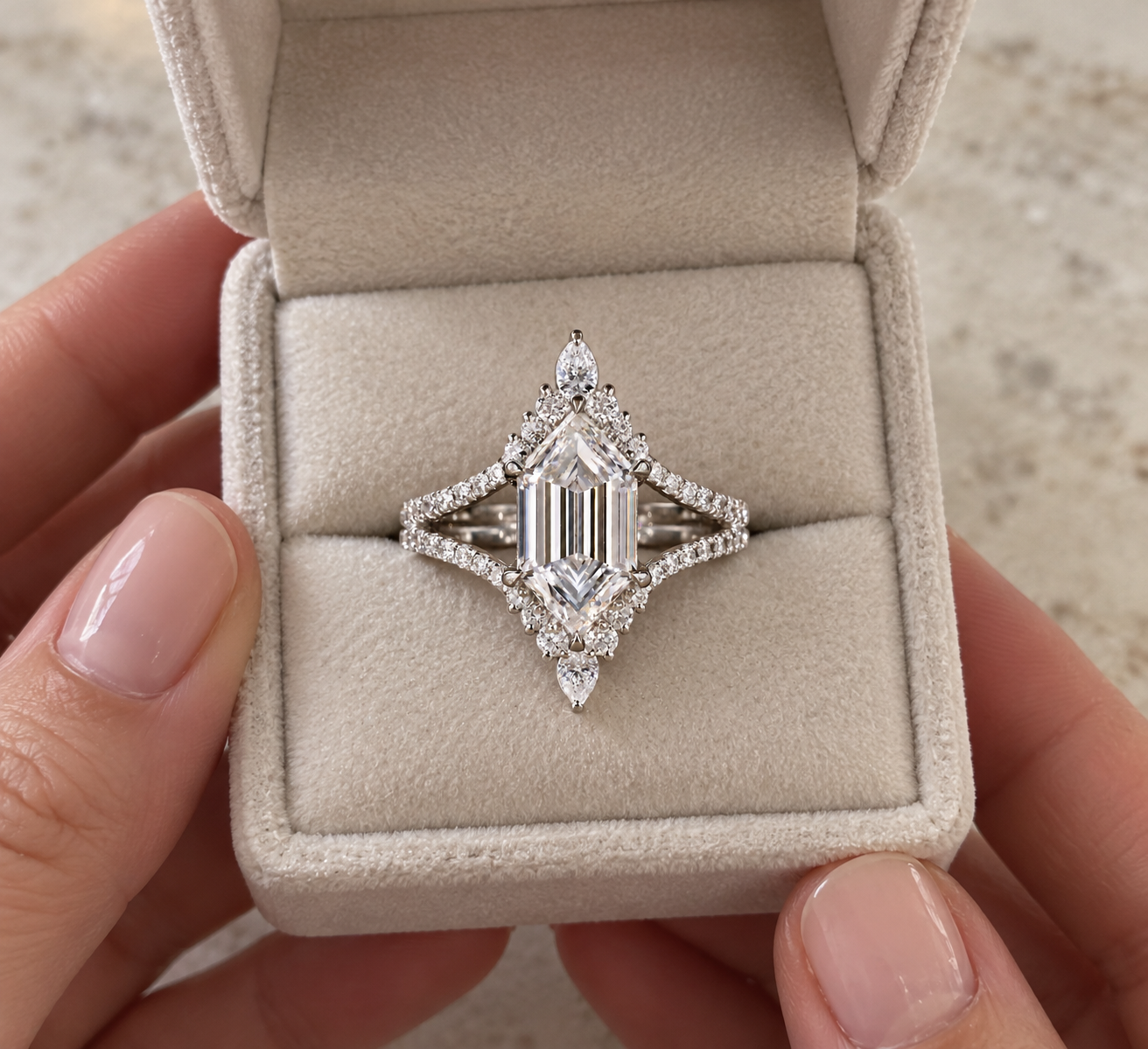 Elongated Hexagon Lab Grown Diamond Engagement Ring Split Shank 14K White Gold IGI Certified