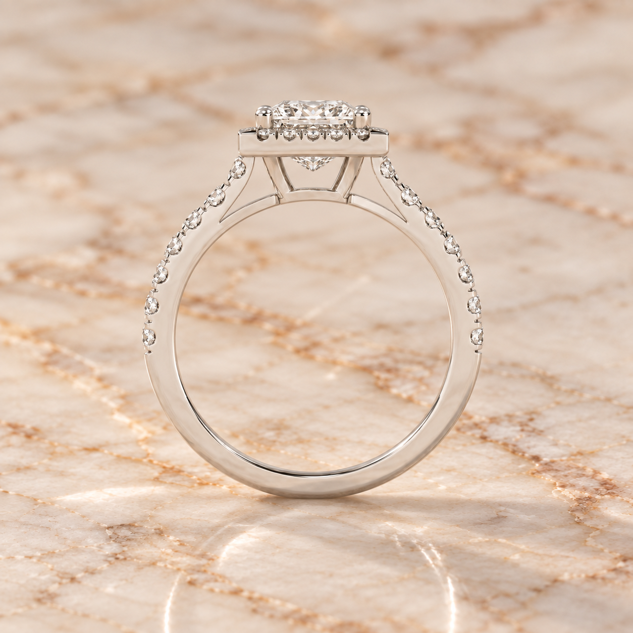 Princess Lab Grown Diamond Engagement Ring Cathedral Halo 14K White Gold Pave Band