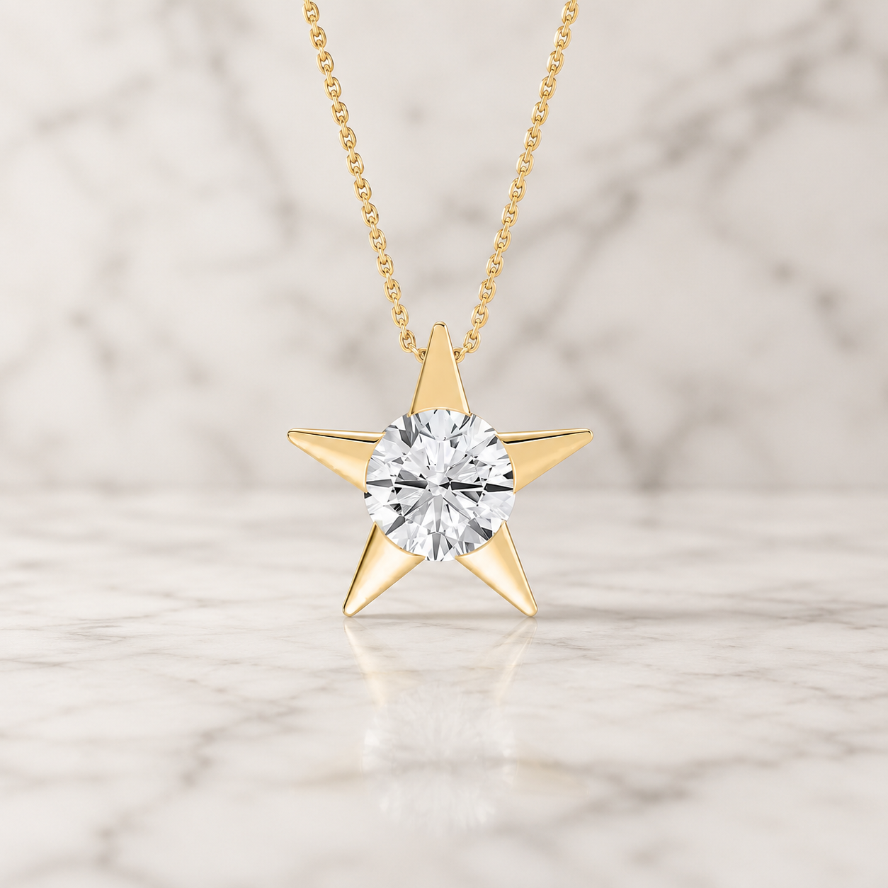 Round Lab Grown Diamond Star Pendant Necklace Bezel 14K Yellow Gold IGI Certified 2ct
