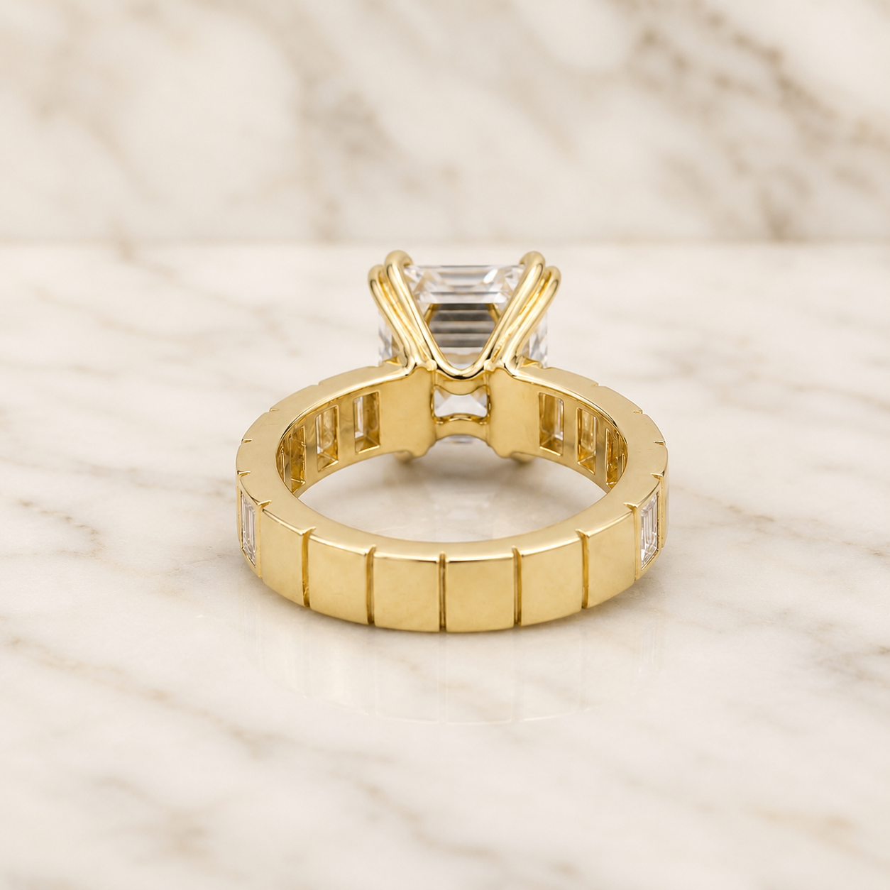 Asscher Cut Lab Grown Diamond Engagement Ring Channel-Set Baguette 14K Yellow Gold VVS2 E Clarity