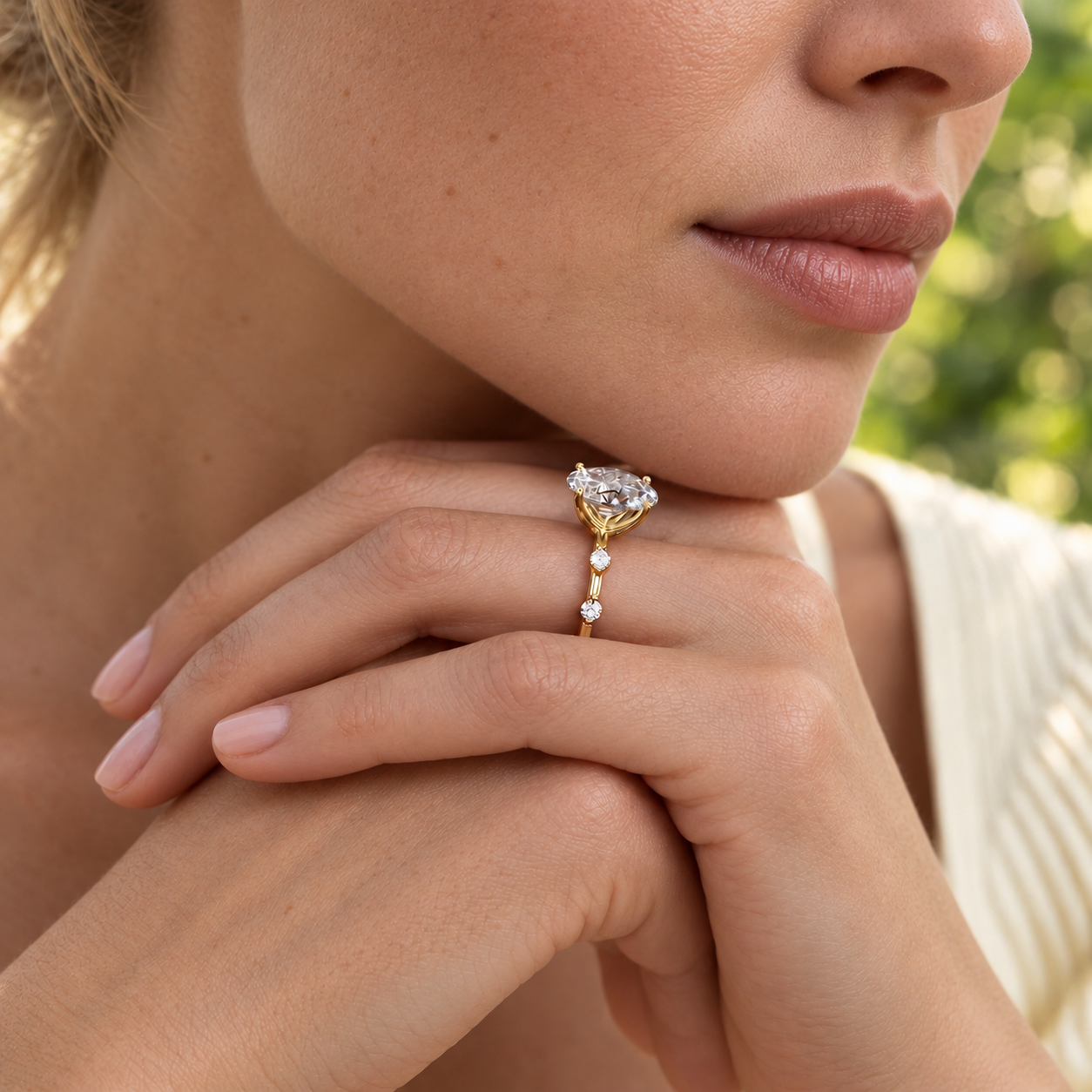 Oval Lab Grown Diamond Engagement Ring Shared Prong Accents 14K Yellow Gold IGI Certified