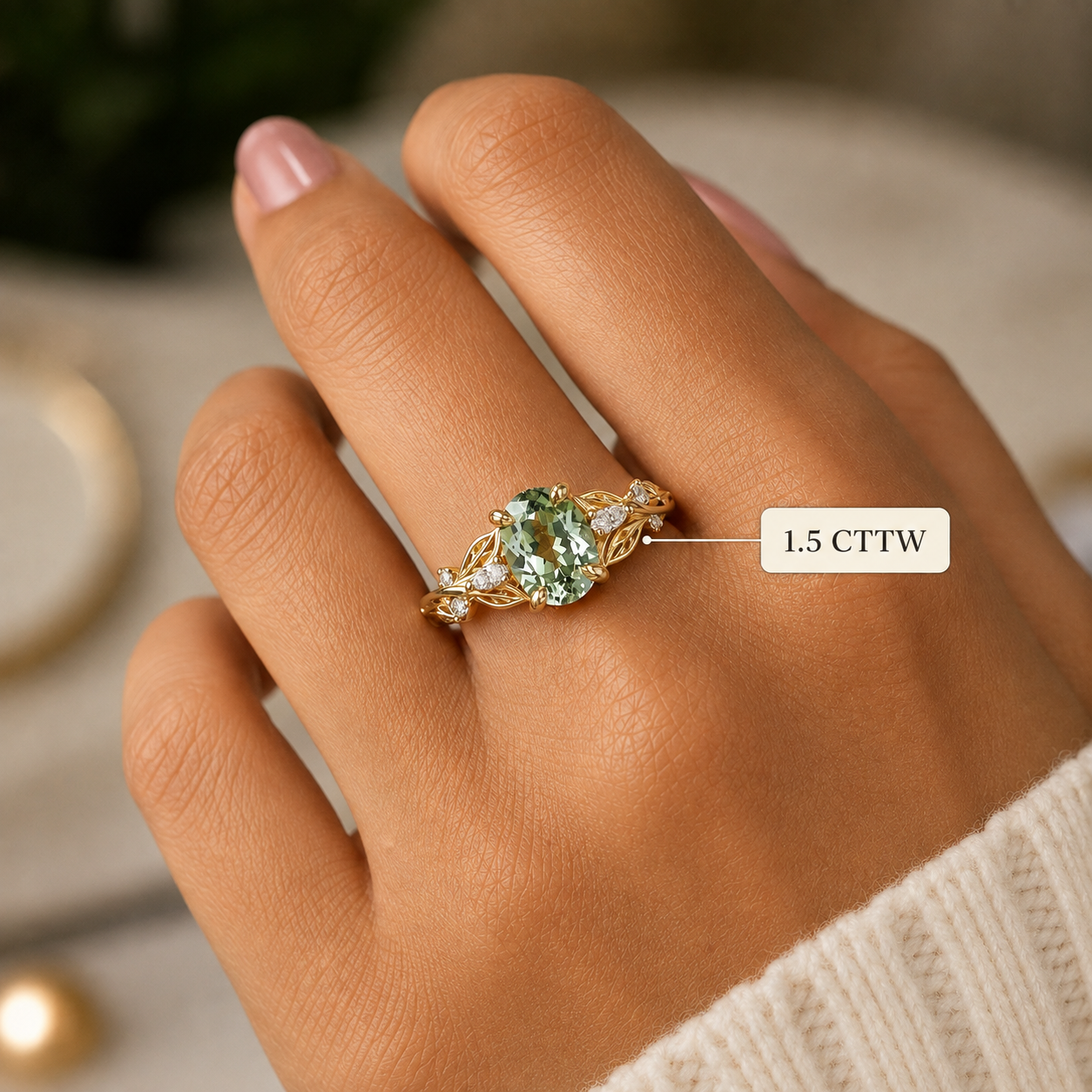 Oval Green Sapphire Engagement Ring Leaf & Vine 14K Yellow Gold Nature Inspired Diamond Accents