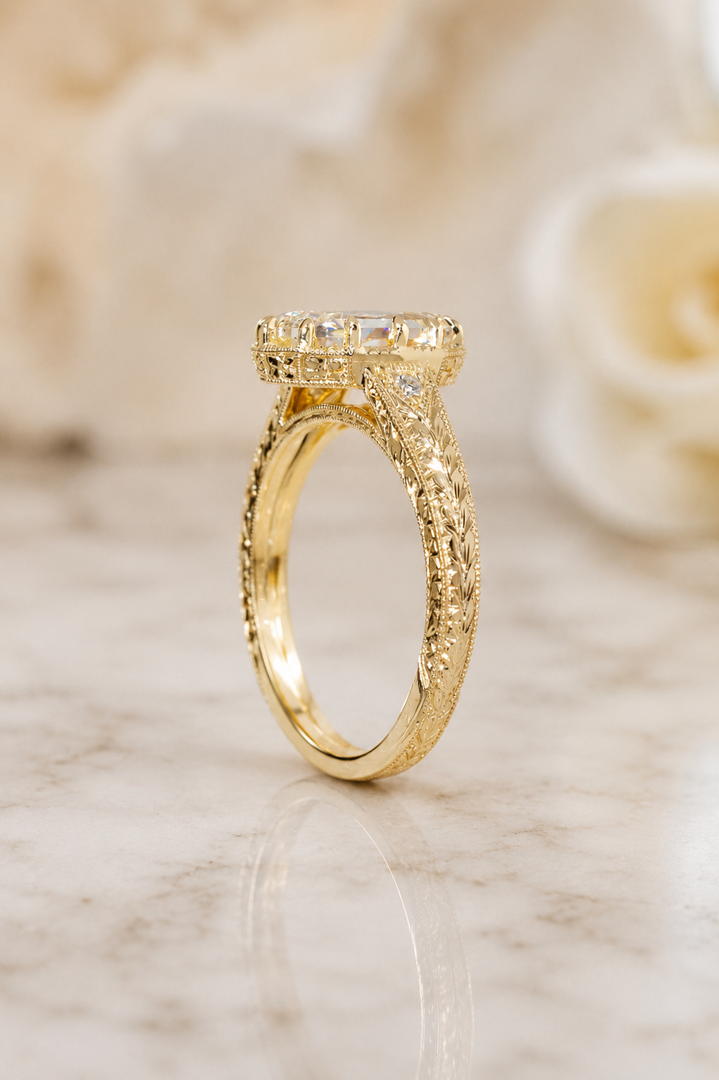 Oval Lab Grown Diamond Engagement Ring Vintage Halo 14K Yellow Gold IGI Certified 2.55 Carat E VVS2