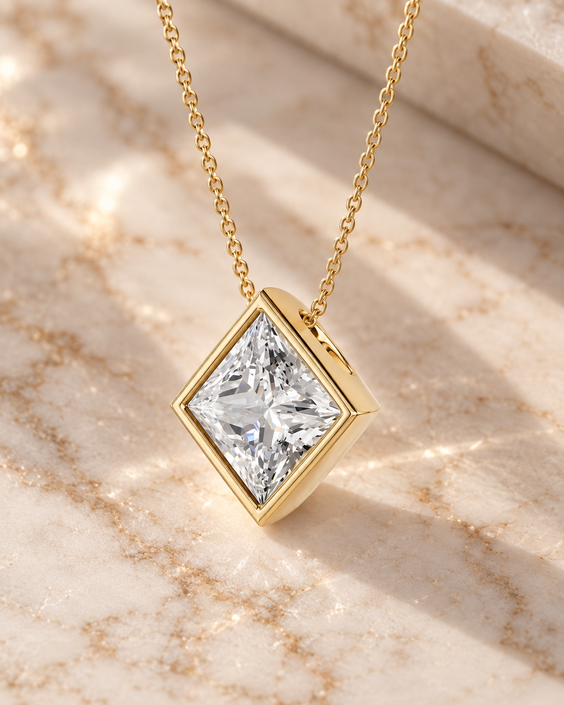 Princess Cut Lab Diamond Pendant Necklace Bezel Solitaire 14K Gold IGI Certified E VVS2