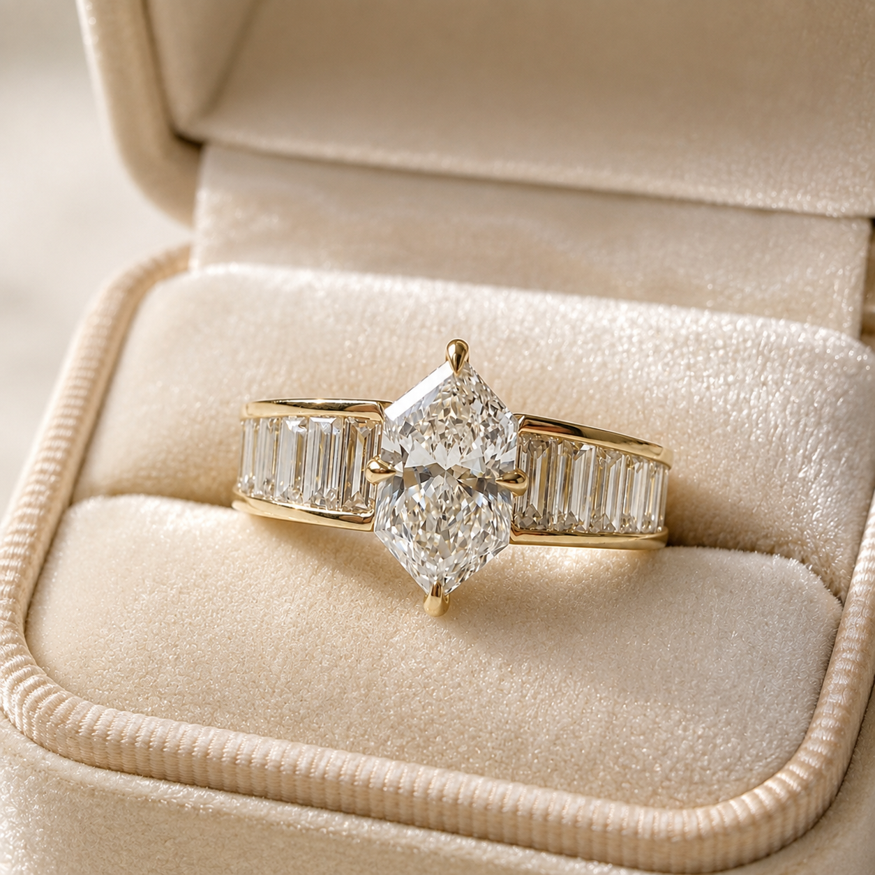 Dutch Marquise Lab Grown Diamond Engagement Ring Channel Set Baguette 14K Gold IGI Certified