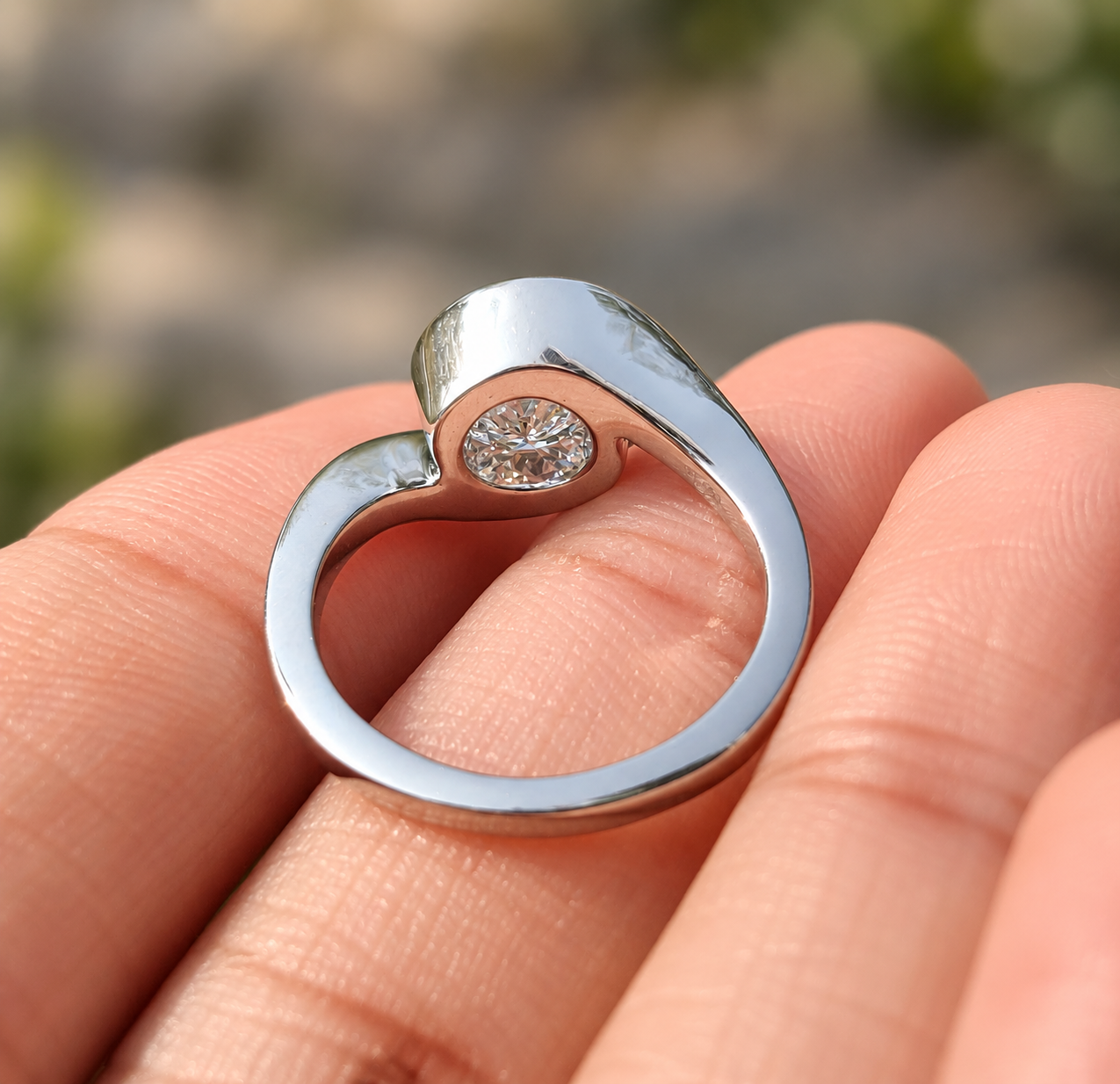 Portuguese Cut Lab Grown Diamond Engagement Ring Half Bezel Bypass 14K White Gold IGI Certified 1 Carat