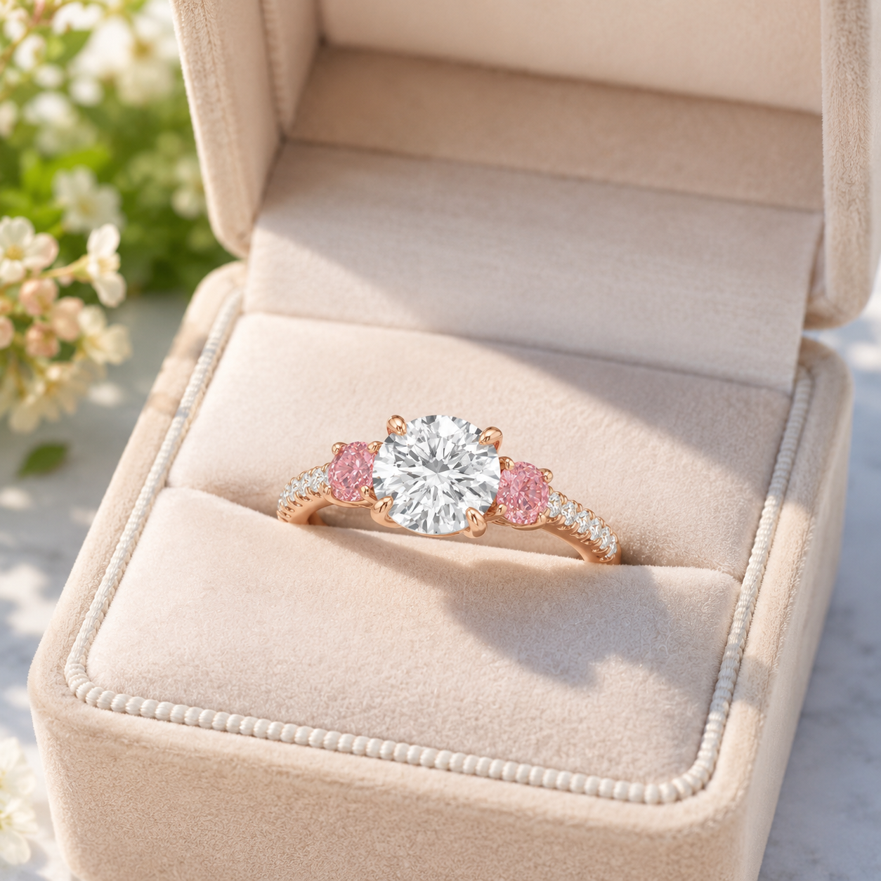Round Lab Grown Diamond Engagement Ring Three Stone 14K Rose Gold Pink Diamond Side Stones
