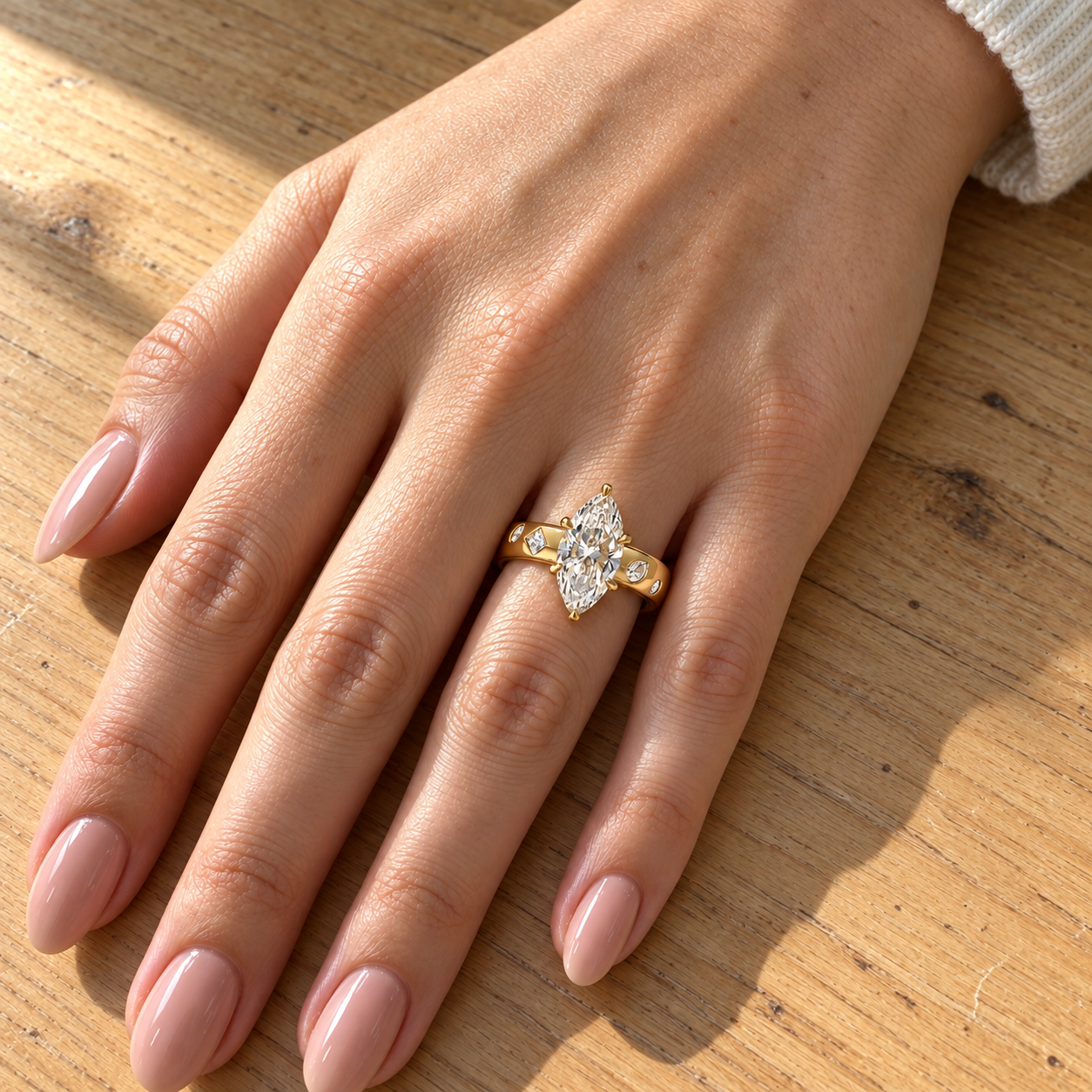 Marquise Lab Grown Diamond Engagement Ring Scattered Solitaire 14K Yellow Gold E VVS2