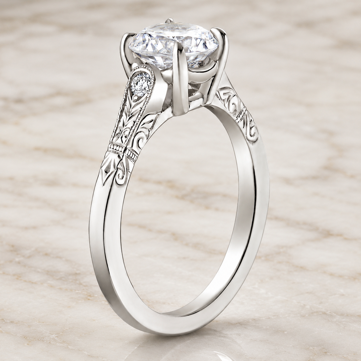 Round Lab Grown Diamond Engagement Ring Vintage Solitaire 14K White Gold Hand-Engraved Accent Setting