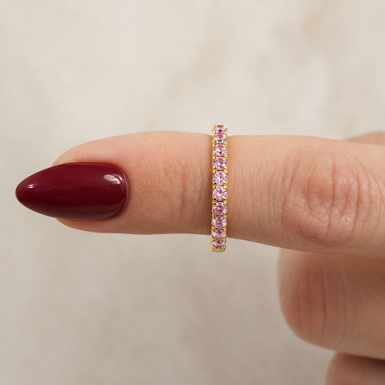 Pink Round Lab Grown Diamond Wedding Band Pave 14K Yellow Gold Stackable Ring for Her