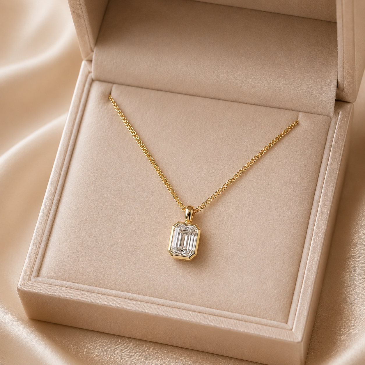 Emerald Cut Lab Grown Diamond Bezel Pendant Necklace – Solitaire 14K Yellow Gold – Curb Chain