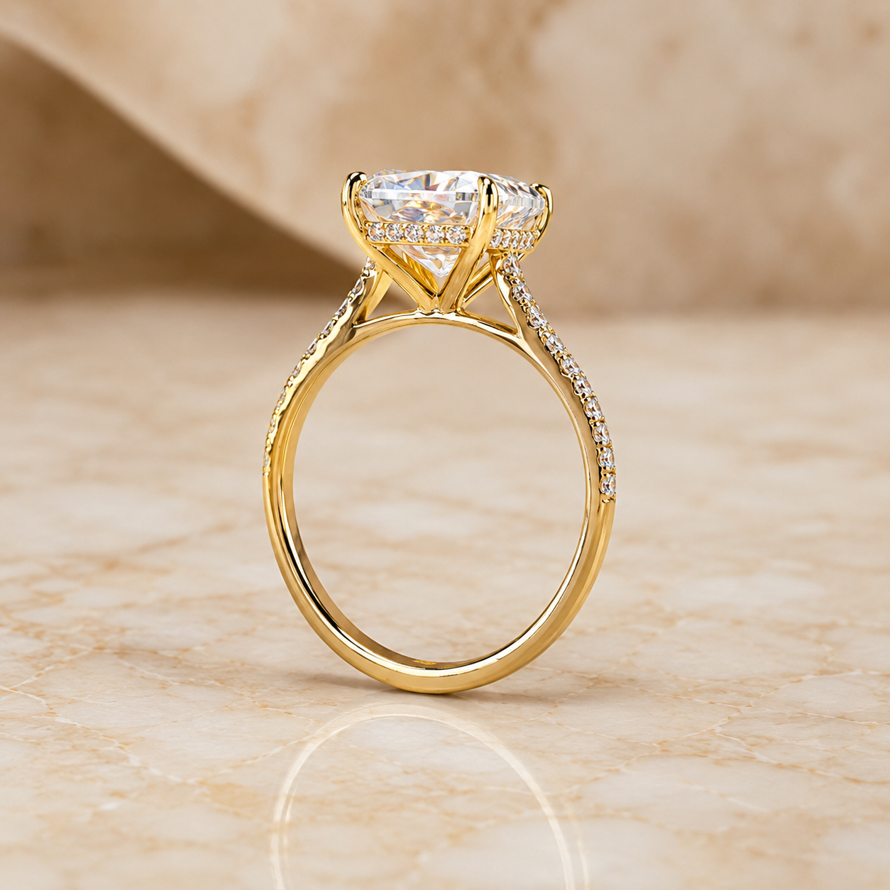 Cushion Cut Lab Grown Diamond Engagement Ring Hidden Halo 14K Yellow Gold IGI Certified 1 Carat