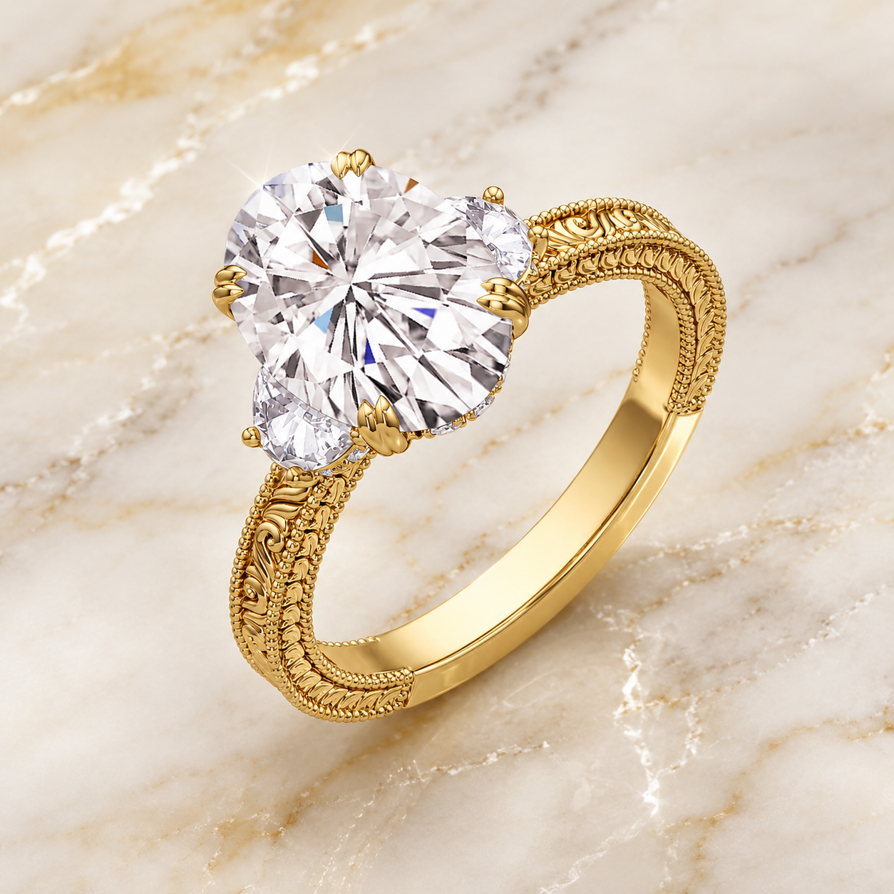 Oval Lab Grown Diamond Three Stone Ring Vintage 14K White Gold Half-Moon Side Stones, E VVS2