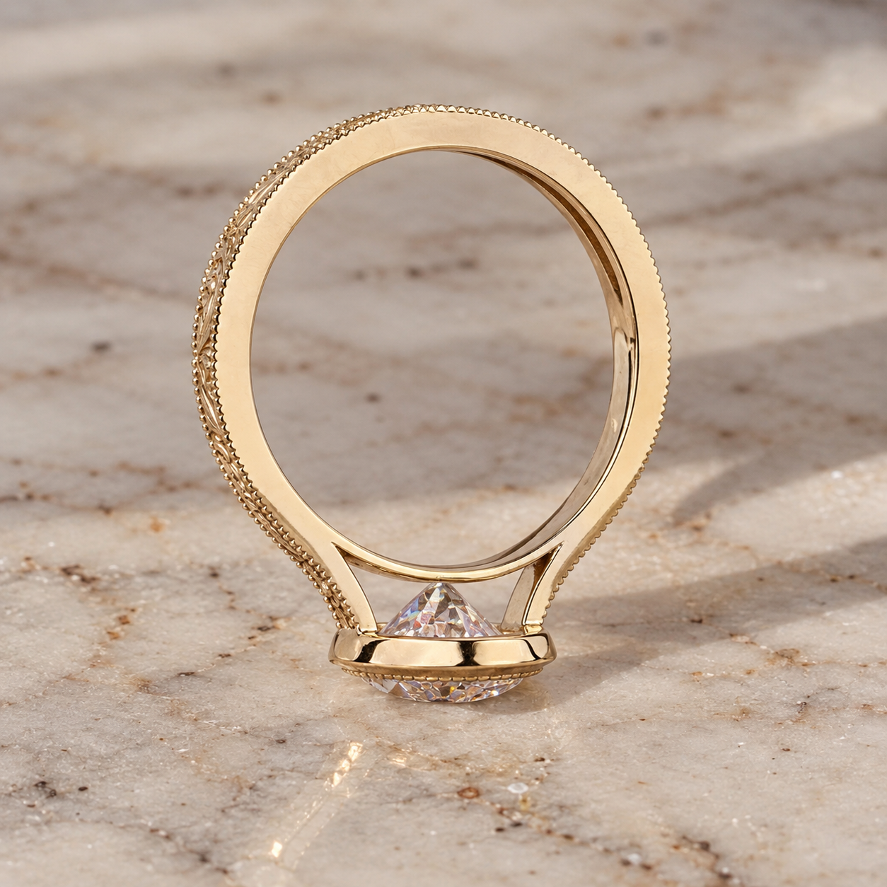 Oval Lab Grown Diamond Engagement Ring Art Deco Bezel 14K Yellow Gold IGI Certified E VVS2