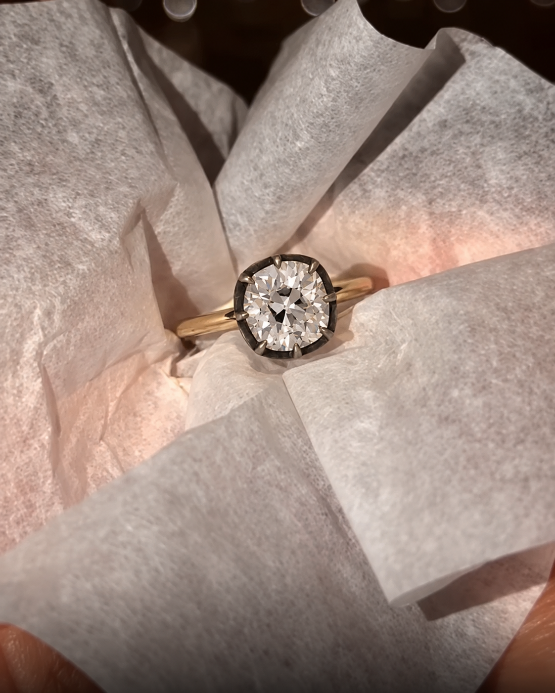 Old Mine Cushion Cut Diamond Engagement Ring Blackened Bezel 18K Yellow Gold IGI Certified