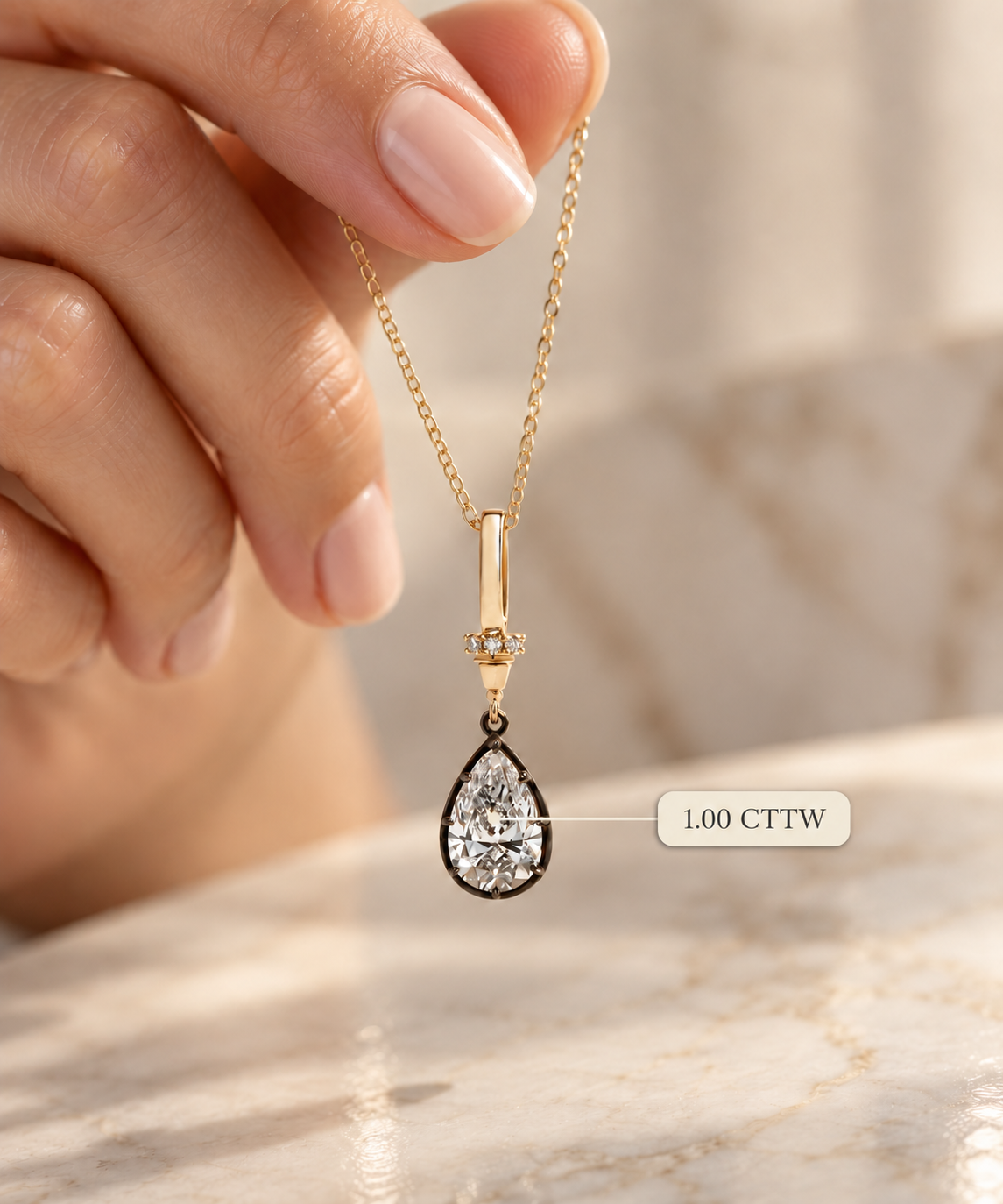 Lab Diamond Pendant Necklace Pear Cut Blackened Gold IGI Certified Vintage Style