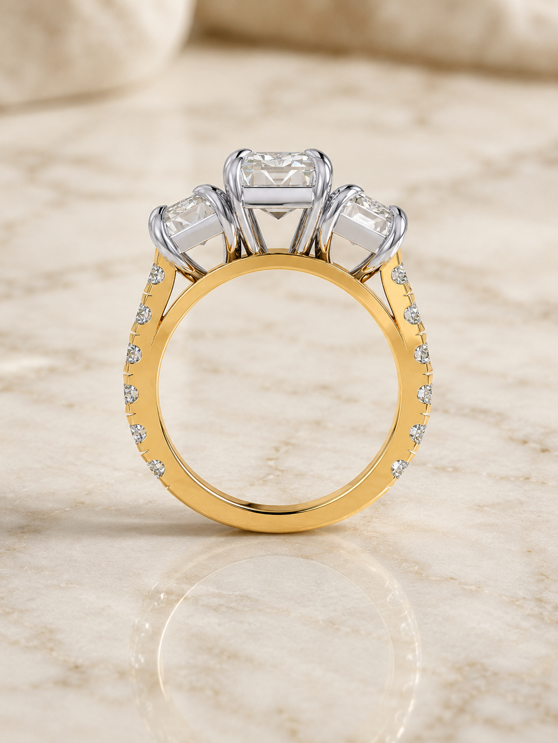 Emerald Cut Lab Grown Diamond Engagement Ring Three Stone 14K Yellow Gold IGI Certified 4 Carat