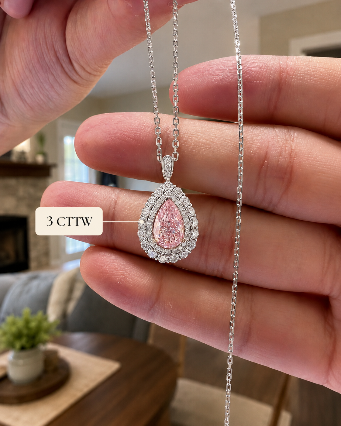 Pink Pear Lab Grown Diamond Pendant Necklace Double Halo 14K White Gold Pavé Bail for Her