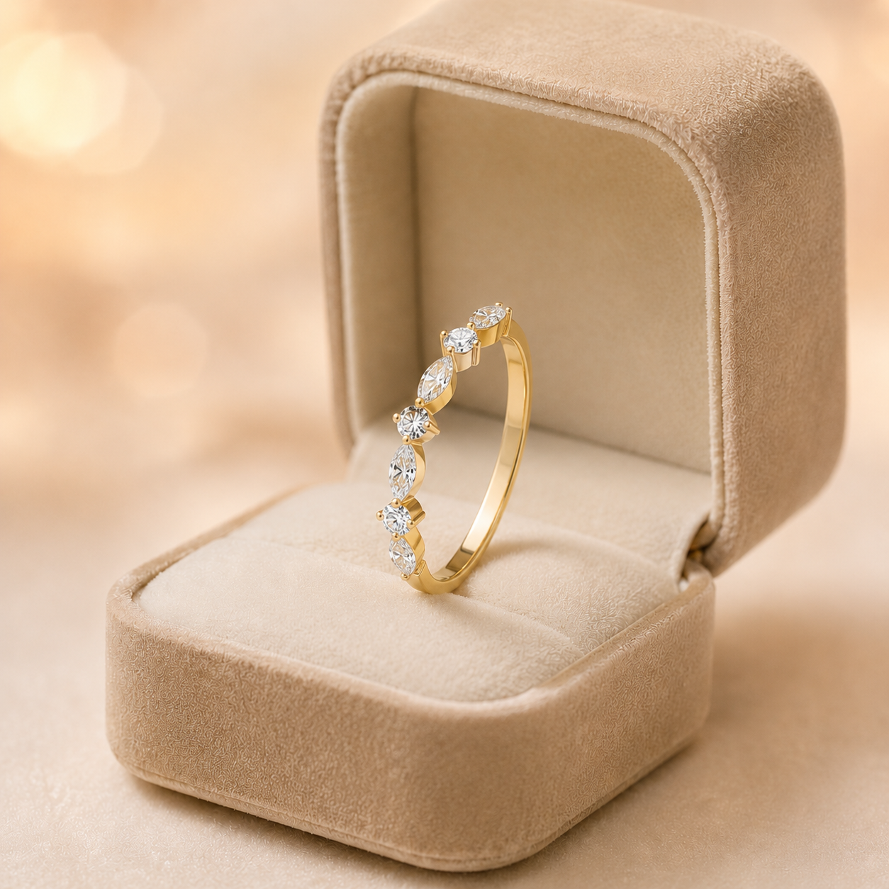 Lab Grown Diamond Contour Wedding Band Pave 14K Yellow Gold Alternating Marquise Round, IGI Certified