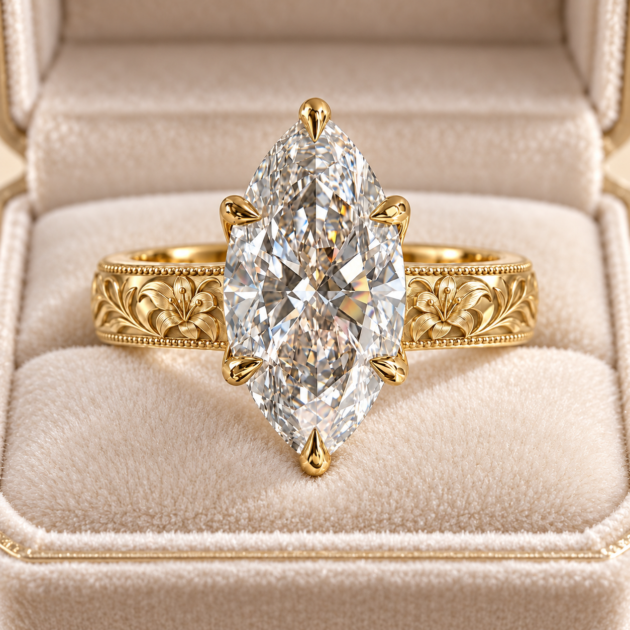 Marquise Lab Grown Diamond Engagement Ring, 14K Yellow Gold Floral Band (IGI Certified)