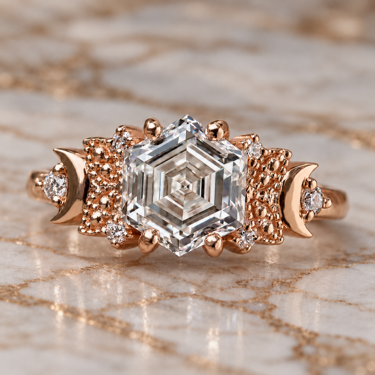Hexagon Step Cut Lab Grown Diamond Engagement Ring Vintage Milgrain 14K Rose Gold Crescent Moon Accents