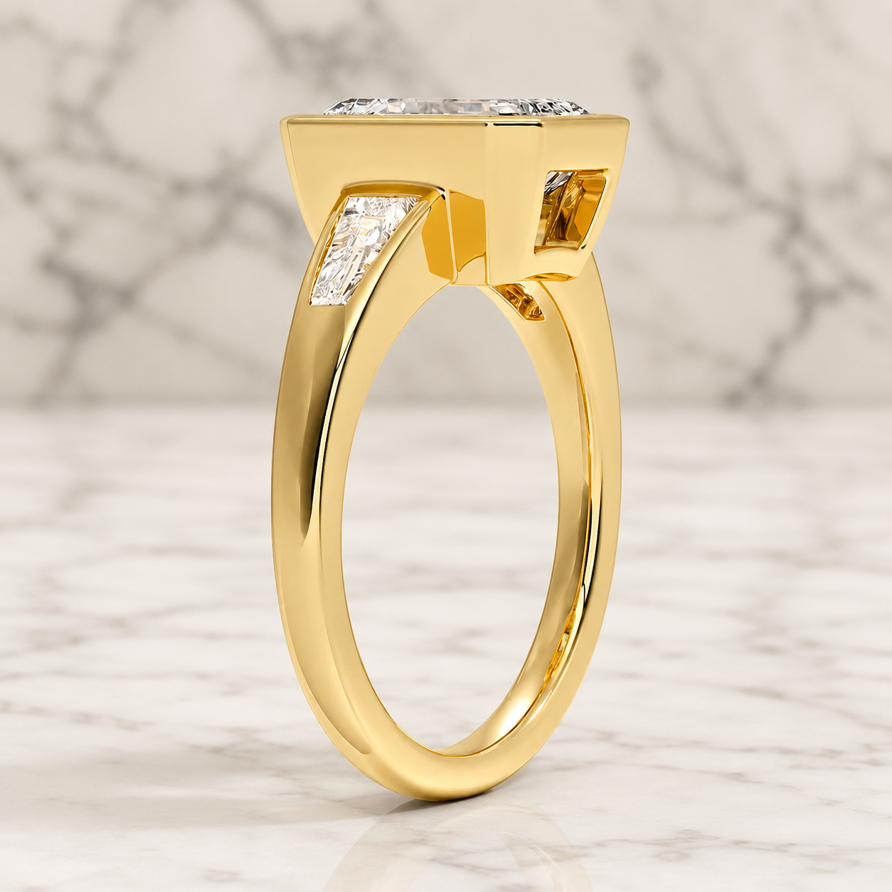 Emerald Cut Lab Grown Diamond Engagement Ring Three Stone Bezel 14K Yellow Gold Tapered Baguette Setting