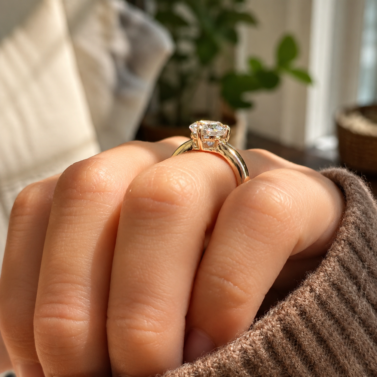 Cushion Cut Lab Grown Diamond Engagement Ring Four Prong Solitaire 14K Yellow Gold E VVS2 Elongated