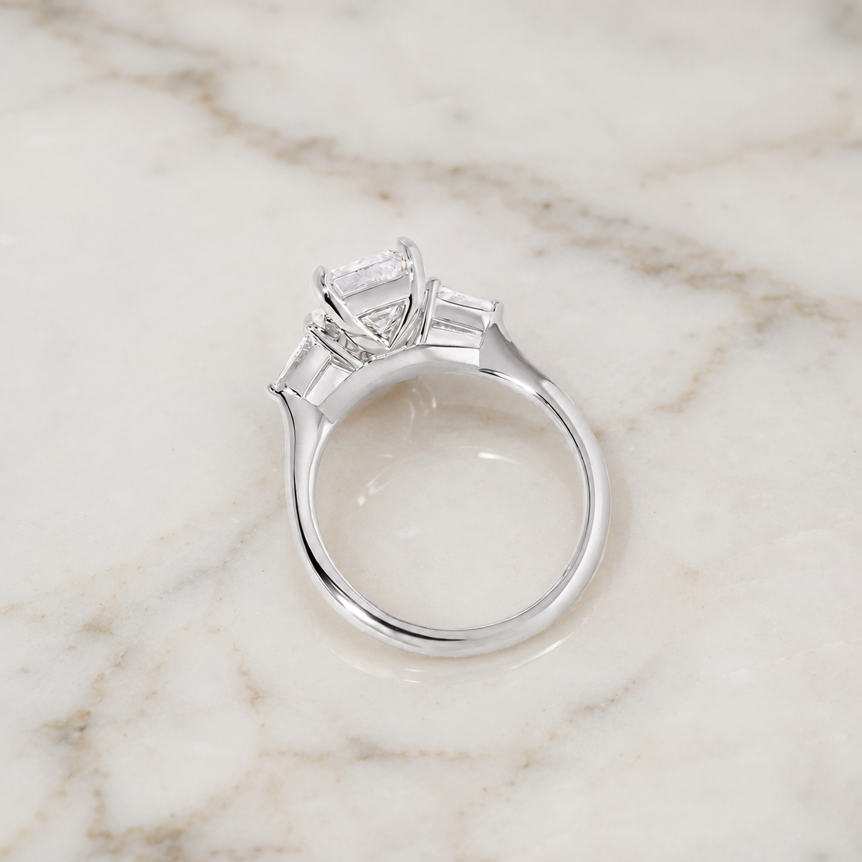Emerald Cut Lab Grown Diamond Engagement Ring Three Stone 14K White Gold Tapered Baguette,  E VVS2