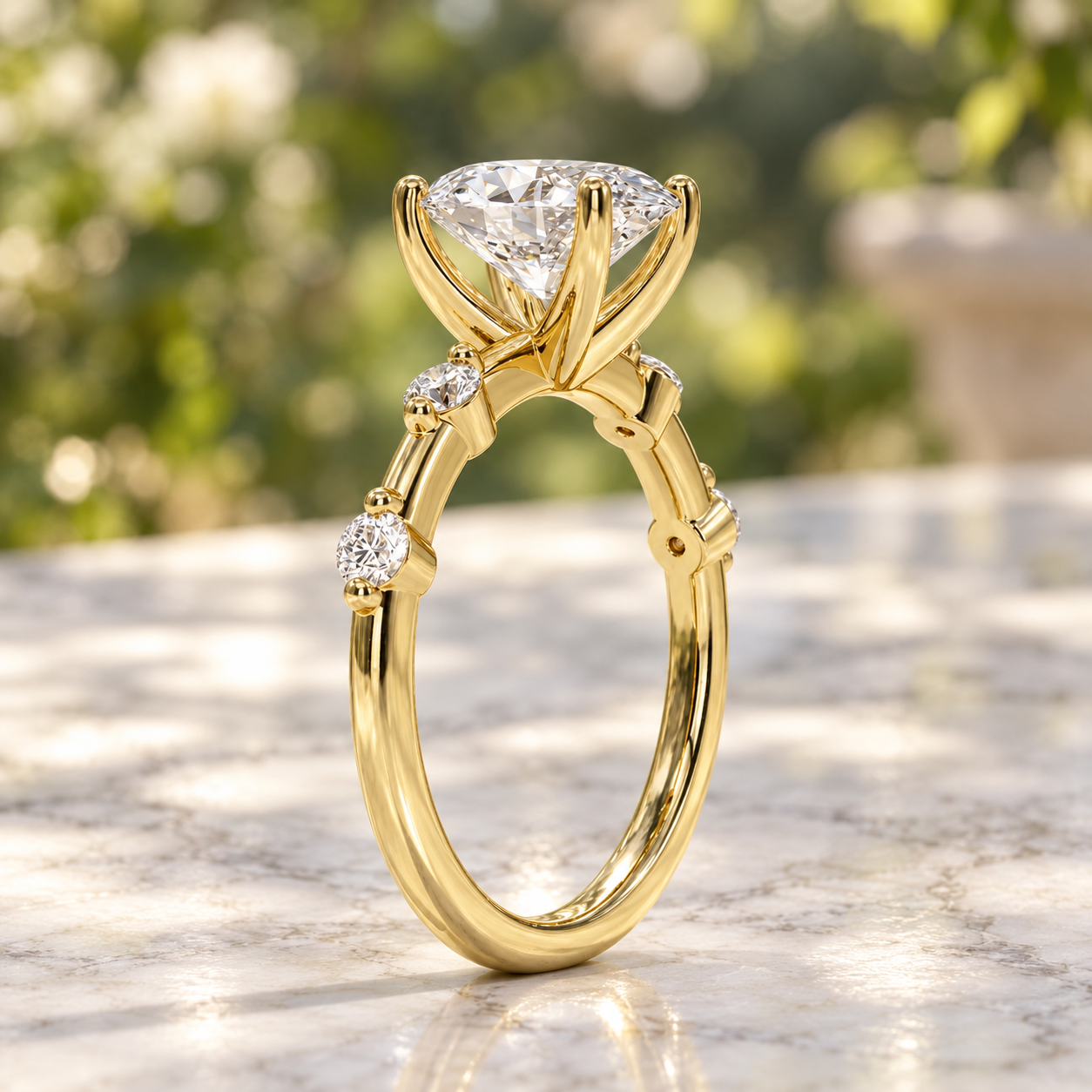 Oval Lab Grown Diamond Engagement Ring Shared Prong Accents 14K Yellow Gold IGI Certified