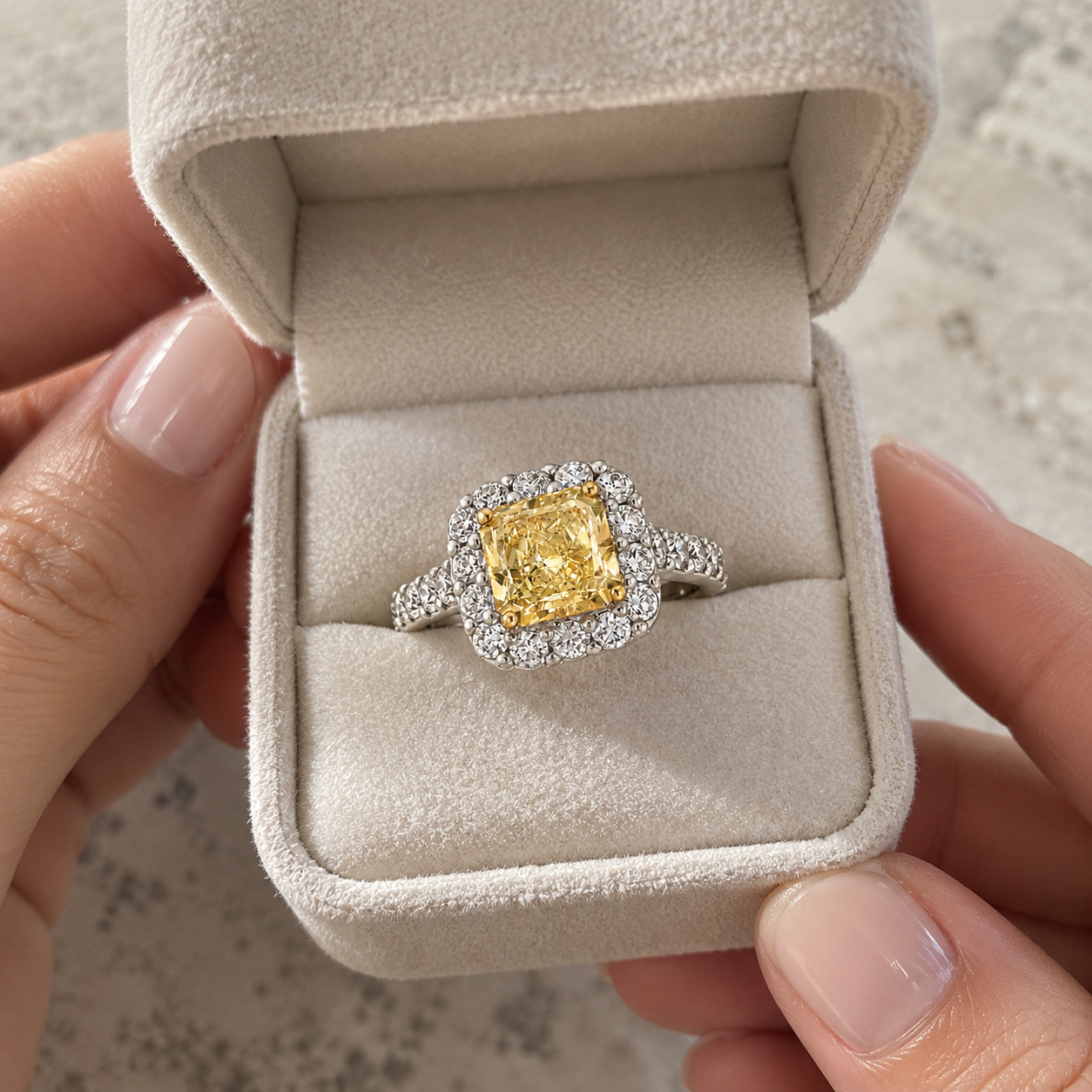 Yellow Radiant Lab Grown Diamond Engagement Ring Pavé Halo 14K White Gold IGI Certified